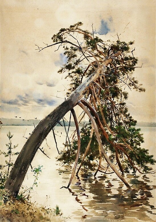 Obraz przedstawia drzewo. Rośnie ono na brzegu, nieopodal jeziora. Drzewo jest pochylone nad taflą wody. Cześć jego gałęzi jest obeschnięta. Na niektórych gałęziach widać zielone liście. W oddali, na drugim planie widać horyzont. Odbijają się od niego sylwetki lecących ptaków.