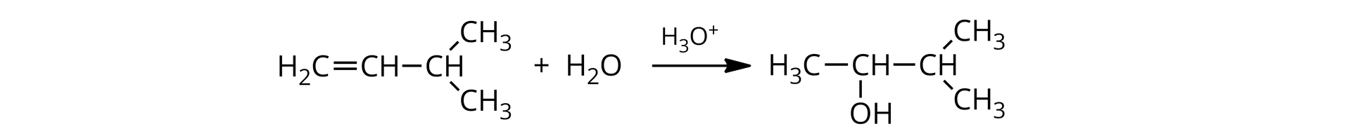 Ilustracja przedstawia addycję wody do 3‑metylobut‑1-enu. 3‑metylobut‑1-en: grupa CH2 połączona wiązaniem podwójnym z grupą CH, ta grupa z kolejną grupą CH, a ona z dwiema grupami CH3. po prawej stronie: + H2O pozioma strzałka w prawo nad nią H3O+, dalej cząsteczka 3‑metylo‑butan‑2-ol: grupa CH3, połączona z grupą CH, ta grupa z grupą OH oraz kolejną grupą CH, a ona z dwiema grupami CH3.