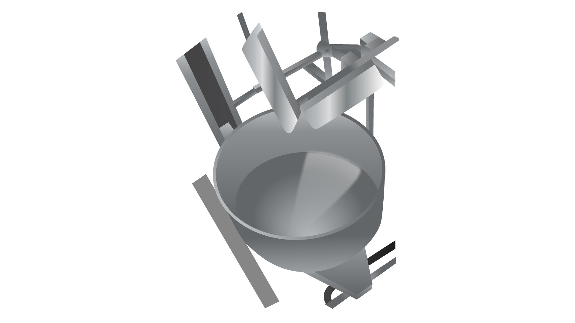 Grafika przedstawia skrobak do dzieży. Widoczna jest walcowata dzieża lekko przechylona, zamocowana na pionowej szynie, nad którą znajdują się dwa prostokątne, usytuowane prostopadle do siebie, elementy – skrobaki, zamocowane na pionowych i poziomych krótkich prętach.