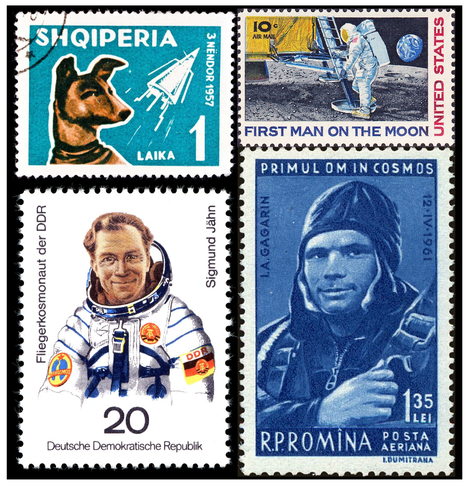 Ilustracja przedstawia znaczki pocztowe z ważnymi dla lotów kosmicznych osobami.