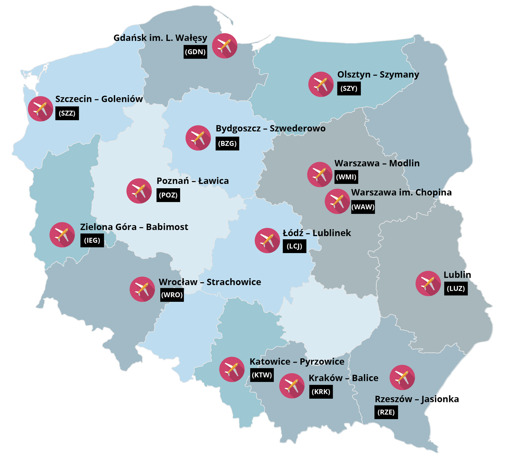 Mapa Polski przedstawia porty lotnicze. Są to porty Rzeszów Jasionka, Kraków Balice, Katowice Pyrzowice, Wrocław Strachowice, Zielona Góra Babimost, Poznań Ławica, Szczecin Goleniów, Gdański imienia Lecha Wałęsy, Bydgoszcz Szwederowo, Olsztyn Szymary, Warszawa Modlin, Warszawa imienia Chopina, Łódź Lublinek oraz Lublin.