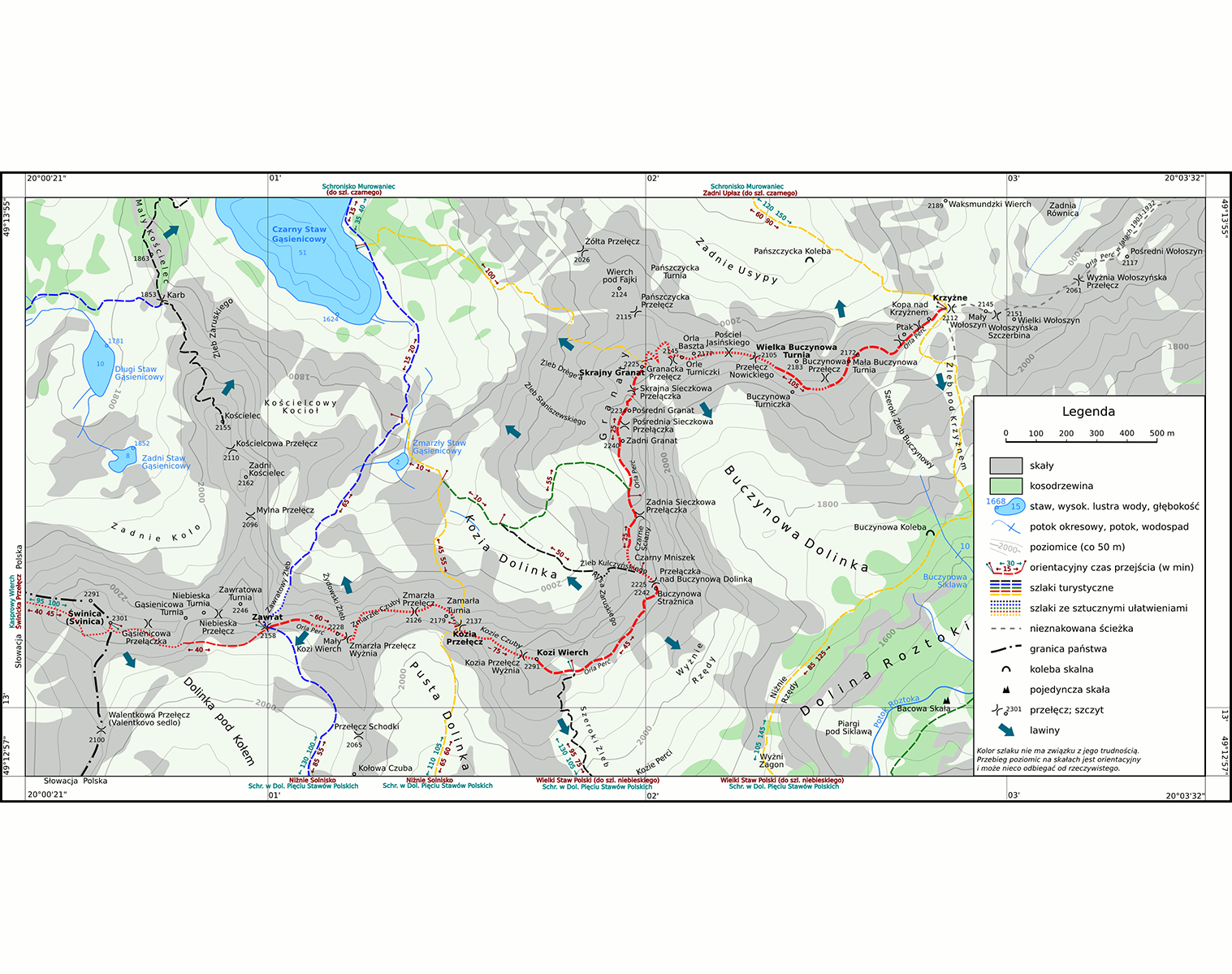 Mapa turystyczna przedstawiająca Orlą Perć w Tatrach. Mapa przedstawia tereny górskie. Przedstawiono na niej również kosodrzewinę, a w lewej górnej części mapy widoczne są obszary przedstawiające górskie stawy. Na mapie przedstawiono również szlaki turystyczne prowadzące przez teren Orlej Perci.