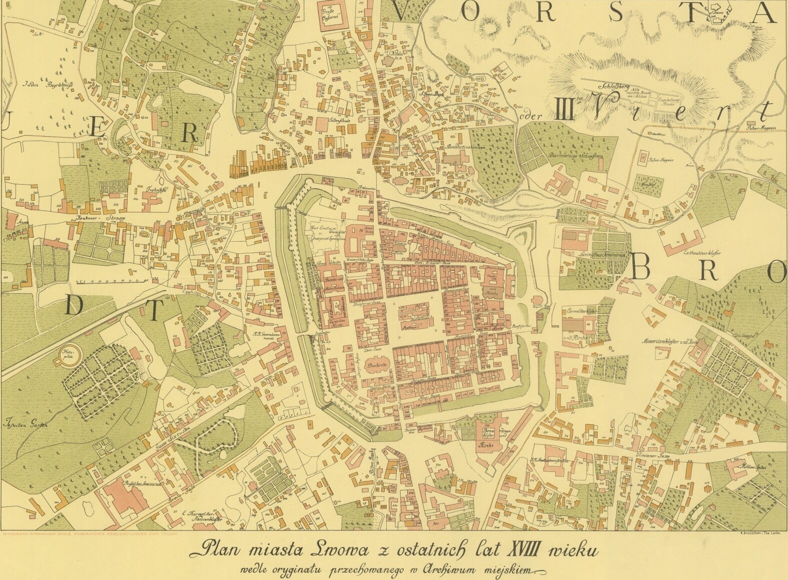 Ilustracja przedstawia stary plan Lwowa. W środkowej części mapy jest jest centrum miasta. Dookoła centrum są liczne zabudowania. Na mapie zaznaczono między innymi kościoły, cmentarze. 