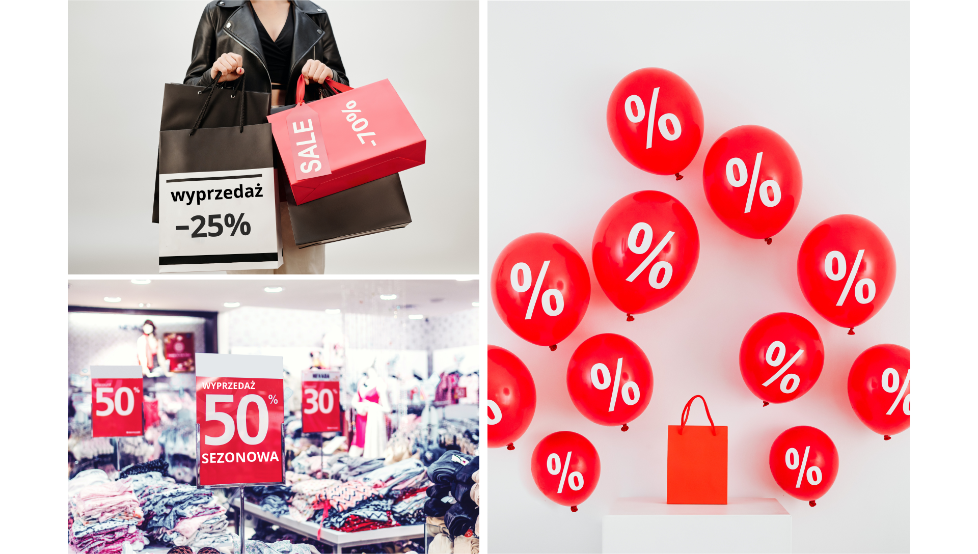 Ilustracja przedstawia kolaż złożony ze zdjęć nawiązujących do wyprzedaży. Są na nich czerwone balony z symbolem procenta, kobieta z torbami na zakupy oraz stoiska z ubraniami .