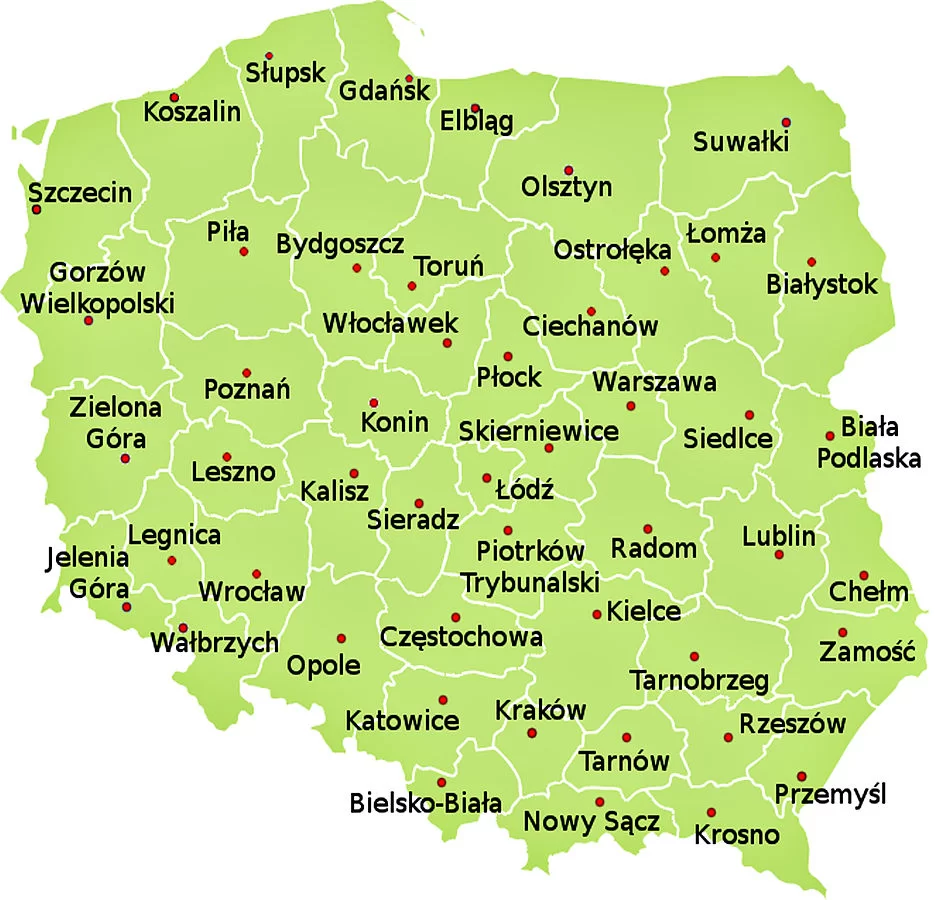Mapa przedstawia podział administracyjny Polski, który obowiązywał w latach 1975–1998. Kraj był wówczas podzielony na 49 województw. Na mapie zaznaczono 49 miast wojewódzkich. Są to: Szczecin, Koszalin, Słupsk, Gdańsk, Elbląg, Olsztyn, Suwałki, Gorzów Wielkopolski, Piła, Bydgoszcz, Toruń, Ciechanów, Ostrołęka, Łomża, Białystok, Zielona Góra, Poznań, Włocławek, Płock, Warszawa, Siedlce, Biała Podlaska, Jelenia Góra, Legnica, Leszno, Kalisz, Sieradz, Łódź, Skierniewice, Radom, Lublin, Chełm, Wałbrzych, Wrocław, Opole, Częstochowa, Piotrków Trybunalski, Kielce, Tarnobrzeg, Zamość, Bielsko‑Biała, Katowice, Kraków, Tarnów, Rzeszów, Przemyśl, Nowy Sącz, Krosno.