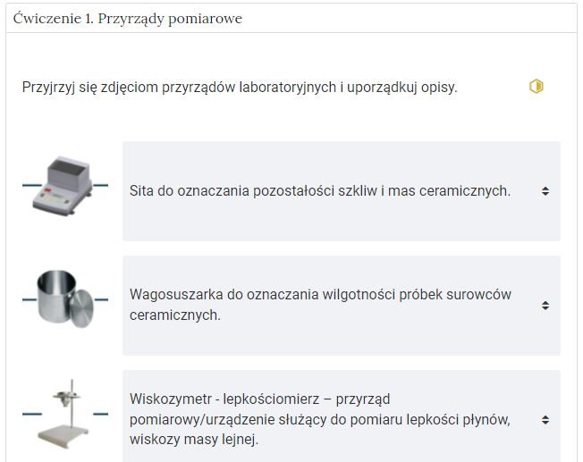 Grafika przedstawia przykładowe ćwiczenie, będące elementem interaktywnych materiałów sprawdzających. Ćwiczenie dotyczy przyrządów pomiarowych.  