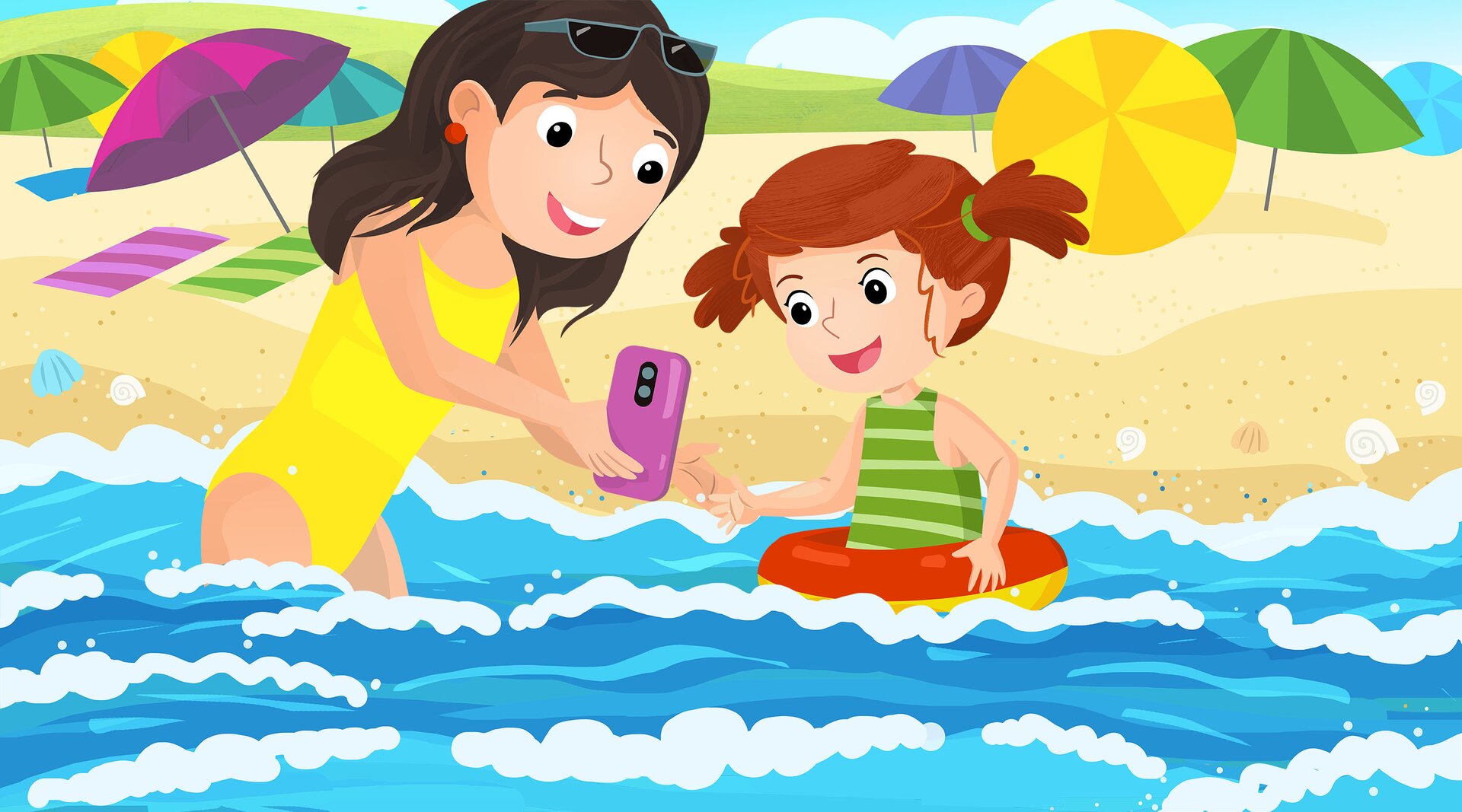 Ilustracja przedstawia dziewczynkę kąpiącą się w morzu.