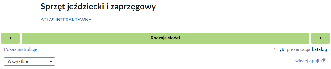 Grafika przedstawia umieszczony na górze atlasu interaktywnego pasek nawigacyjny. Składa się z umieszczonego na środku tytułu aktualnie wybranego katalogu: Rodzaje siodeł. Po bokach znajdują się przyciski ze strzałkami. Z prawej strony umieszczono strzałkę ze zwrotem skierowanym w prawo, natomiast z lewej strony strzałkę ze zwrotem skierowanym w lewo. Przyciski te służą do przełączania się pomiędzy kolejnymi katalogami zawartymi w atlasie interaktywnym. Pod paskiem nawigacyjnym, z prawej strony, znajdują się dwa przyciski. Umożliwiają one przełączenie trybu wyświetlania. Dostępne tryby to katalog i prezentacja.