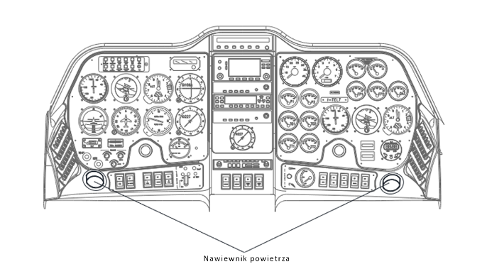 Ilustracja pokazuje umiejscowienie nawiewników powietrza w kokpicie samolotu. Znajdują się one w dolnych rogach panelu instrumentów.