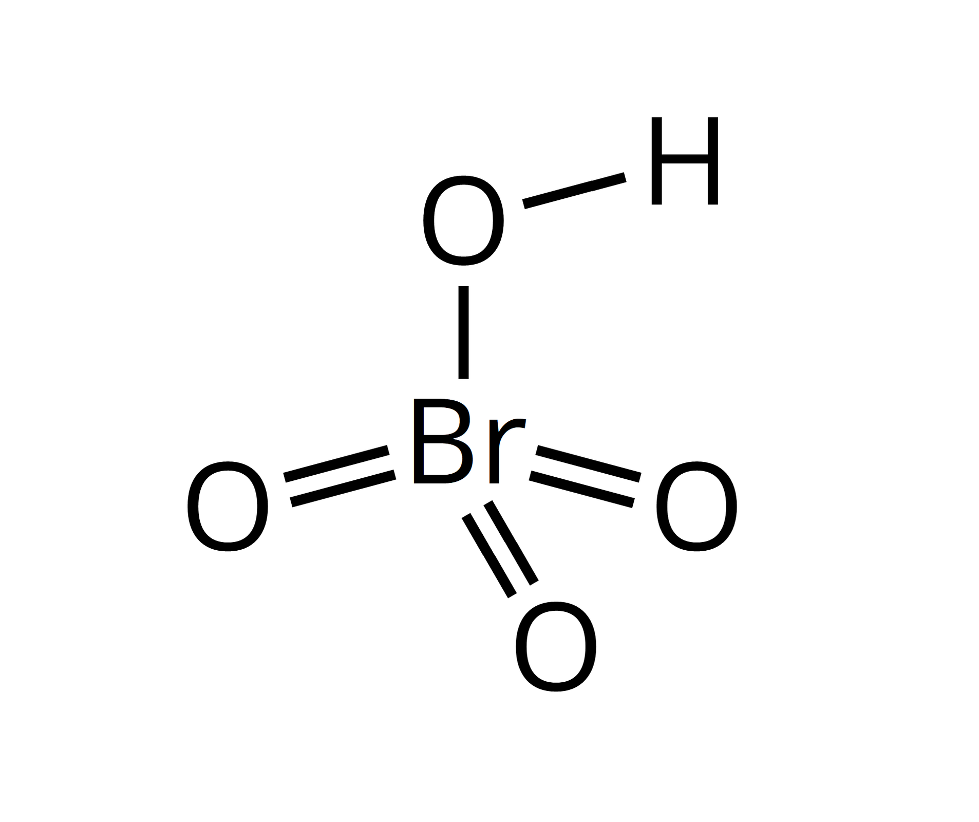 Ilustracja przedstawia wzór: atom bromu łączy się wiązaniami podwójnymi z trzema atomami tlenu oraz wiązaniem pojedynczym z atomem tlenu połączonym z atomem wodoru. 