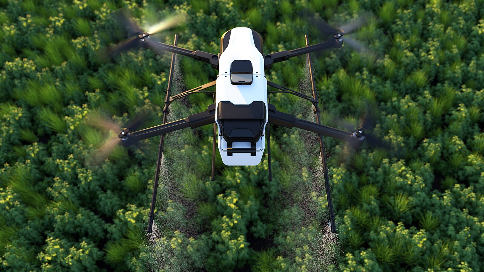 Zdjęcie przedstawia drona o czterech ramionach, który rozpyla jakiś płyn. W dole widoczne łąki. 