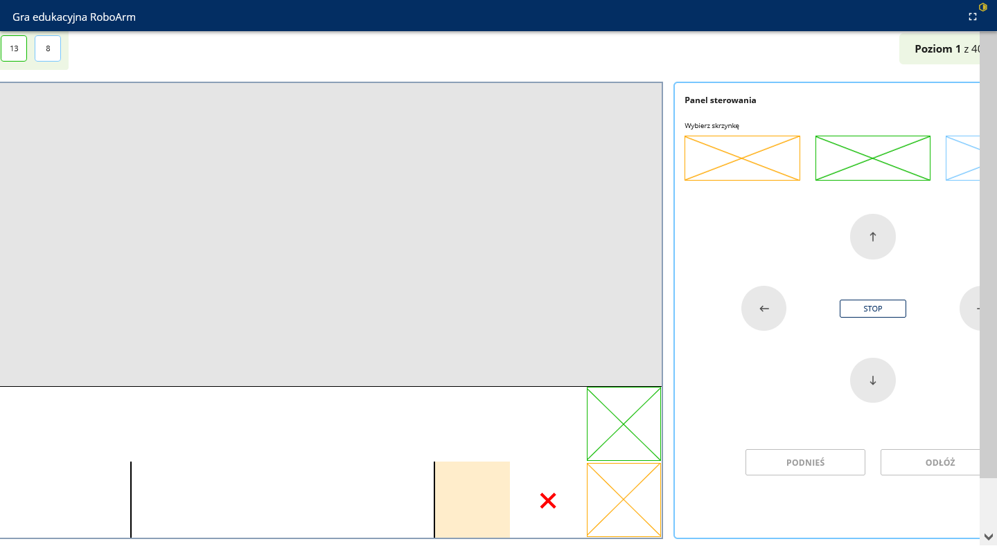 Ilustracja przedstawia przykładowy rezultat błędnego ułożenia elementu w grze edukacyjnej. Na błędnie ułożonym elemencie znajduje się czerwony krzyżyk.