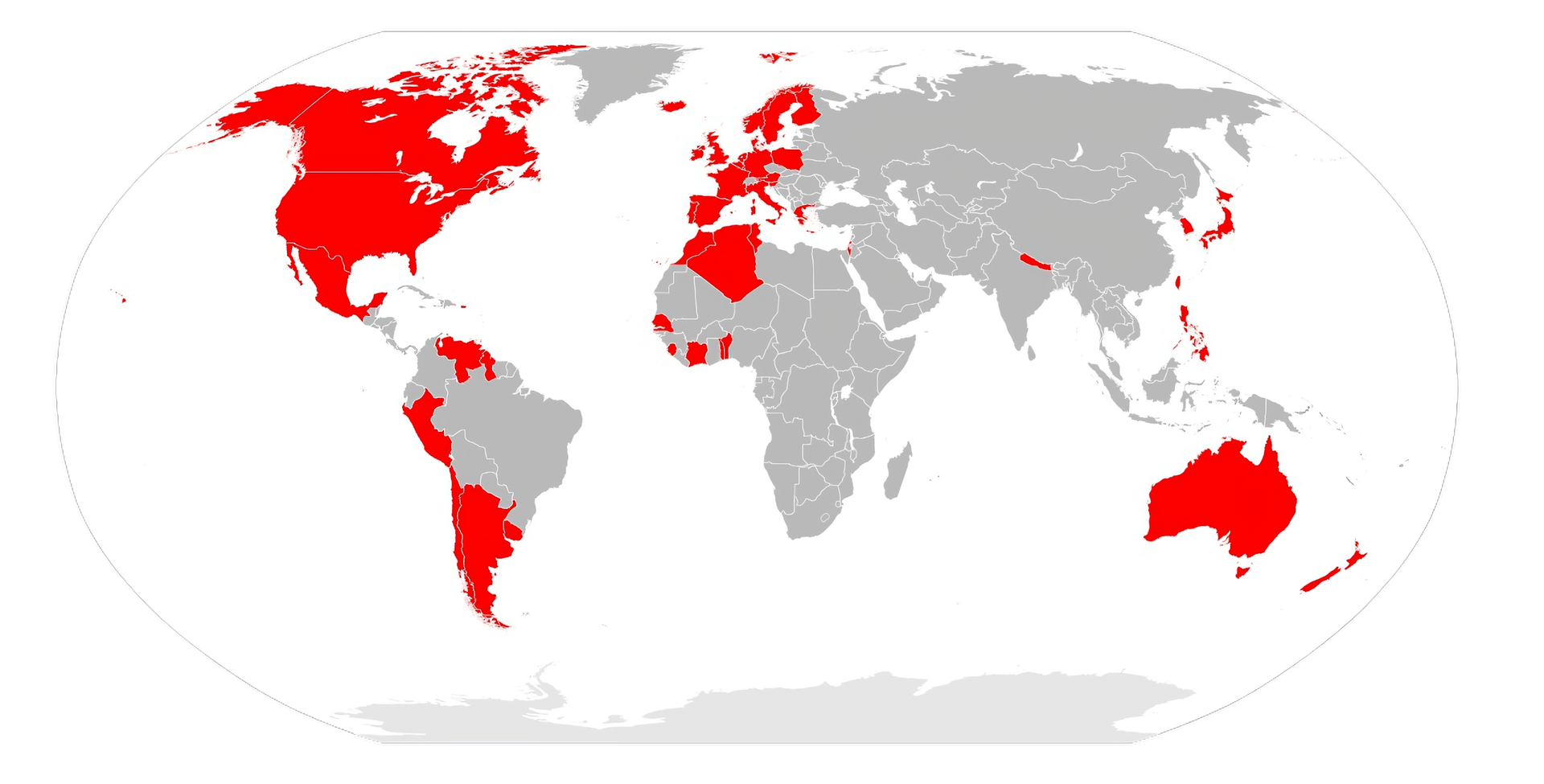 Na ilustracji znajduje się mapa przedstawiająca sekcje krajowe organizacji Amnesty International na całym świecie. Oznaczono je kolorem czerwonym - są to kraje i obszary: Kanada, USA, Meksyk, Wenezuela, Peru, Argentyna, Islandia, Norwegia, Szwecja, Finlandia, Wielka Brytania, Irlandia, Portugalia, Hiszpania, Francja, Włochy, Austria, Belgia, Niemcy, Holandia, Polska, Svalbard, Grecja, Izrael, Nepal, Tajwan, Japonia, Korea Południowa, Australia, Tasmania, Nowa Zelandia, Algeria, Maroko, Senegal, Sierra Leone, Wybrzeże Kości Słoniowej, Tunezja, Togo, Benin.