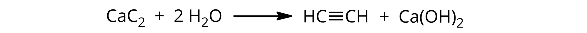 Ilustracja przedstawia schemat reakcji pomiędzy węglikiem wapnia a wodą. Cząsteczka węgliku wapnia ,CaC2, dodać dwie cząsteczki wody H2mtext>O. Strzałka w prawo, za strzałką cząsteczka etynu zbudowanego z dwóch grup CH połączonych za pomocą wiązania potrójnego. Dodać cząsteczkę wodorotlenku wapnia CaOH2.