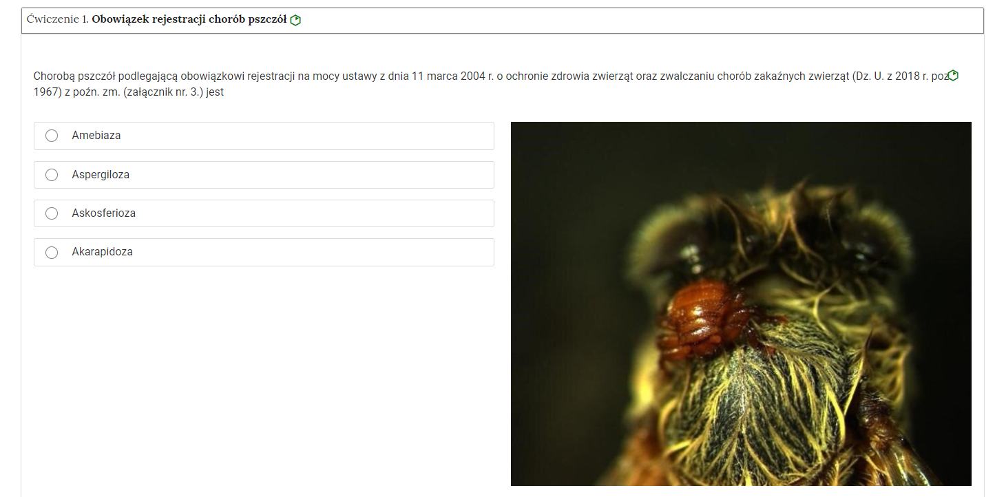 Grafika przedstawia ogólny widok harmonii z dziesięcioma ćwiczeniami. Każde ćwiczenie jest ponumerowane, ma tytuł oraz poziom trudności. Zostało wybrane ćwiczenie pierwsze. Obowiązek rejestracji chorób pszczelich. Pod tytułem widoczna jest treść zadania. 