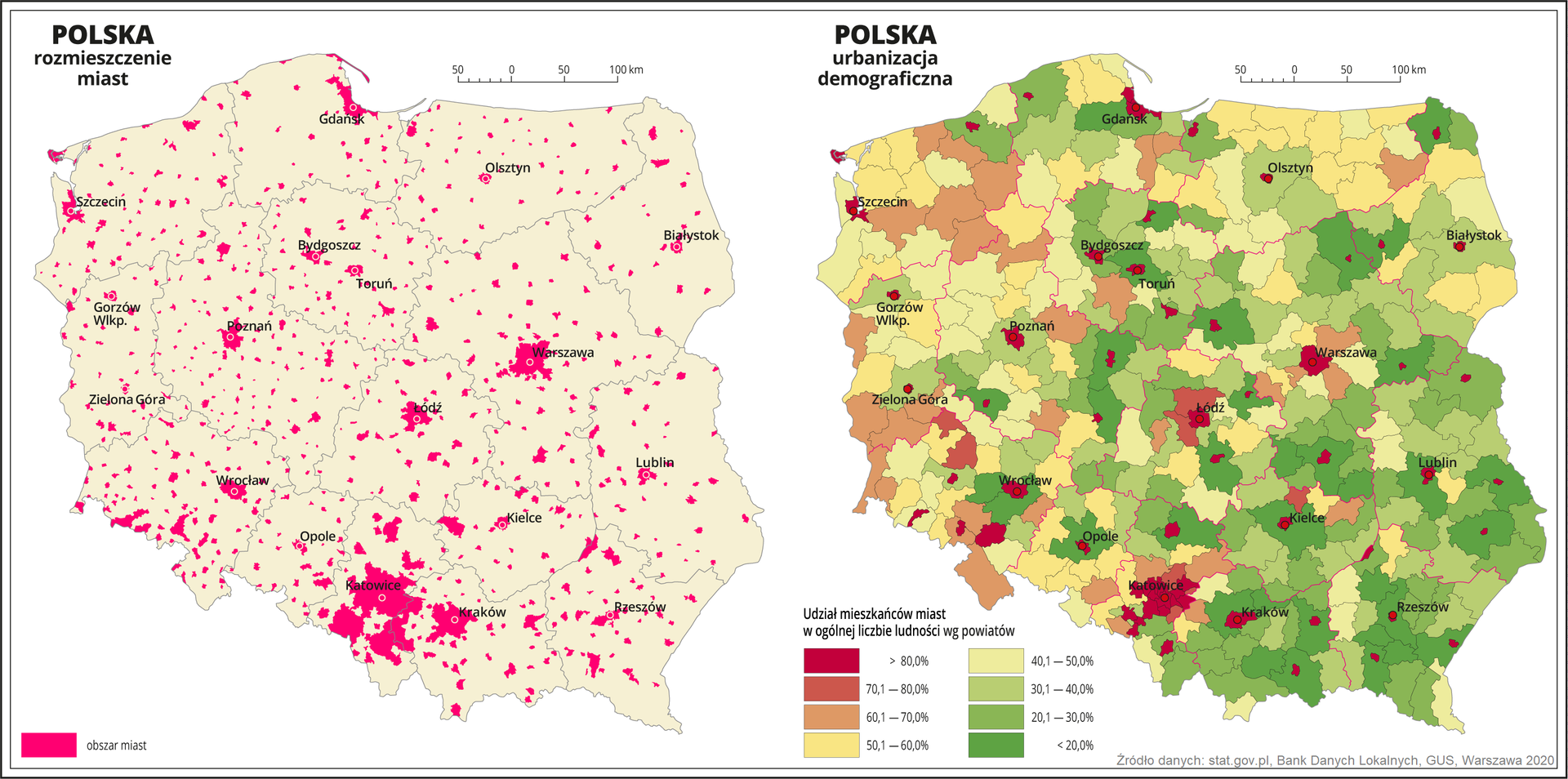Ilustracja przedstawia dwie mapy Polski. Pierwsza mapa przedstawia rozmieszczenie miast w Polsce. Oznaczono je kolorem czerwonym, zachowując zarysy kształtów miast. Największe skupisko miast występuje w województwie śląskim. Najmniejsza liczba miast występuje w województwach wschodnich i północnych. Na drugiej mapie przedstawiono udział mieszkańców miast w ogólnej liczbie ludności według powiatów. Granice województw zaznaczone są czerwoną linią. Granice powiatów zaznaczone są czarną linią. Odcieniami koloru czerwonego, pomarańczowego i żółtego oznaczono powiaty, w których udział mieszkańców miast w ogólnej liczbie mieszkańców przekracza pięćdziesiąt procent, a odcieniami koloru zielonego przedstawiono powiaty, w których udział ludności miejskiej wynosi poniżej pięćdziesięciu procent. Kolor zielony dominuje w południowej i wschodniej części kraju. Najciemniejszy odcień koloru czerwonego obrazujący ponad osiemdziesięcioprocentowy udział ludności miejskiej występuje w powiatach na prawach miejskich i w przeważającej części województwa śląskiego. Jaśniejsze odcienie koloru czerwonego i kolor pomarańczowy przeważają w województwach zachodnich. Czerwonymi kropkami zaznaczono miasta wojewódzkie. Po lewej stronie mapy na dole w legendzie umieszczono kolorowe prostokąty i opisano udział mieszkańców miast w ogólnej liczbie ludności. Kolory czerwone, pomarańczowe i żółte obrazują powyżej pięćdziesięciu procent, a kolory zielone – poniżej pięćdziesięciu procent.