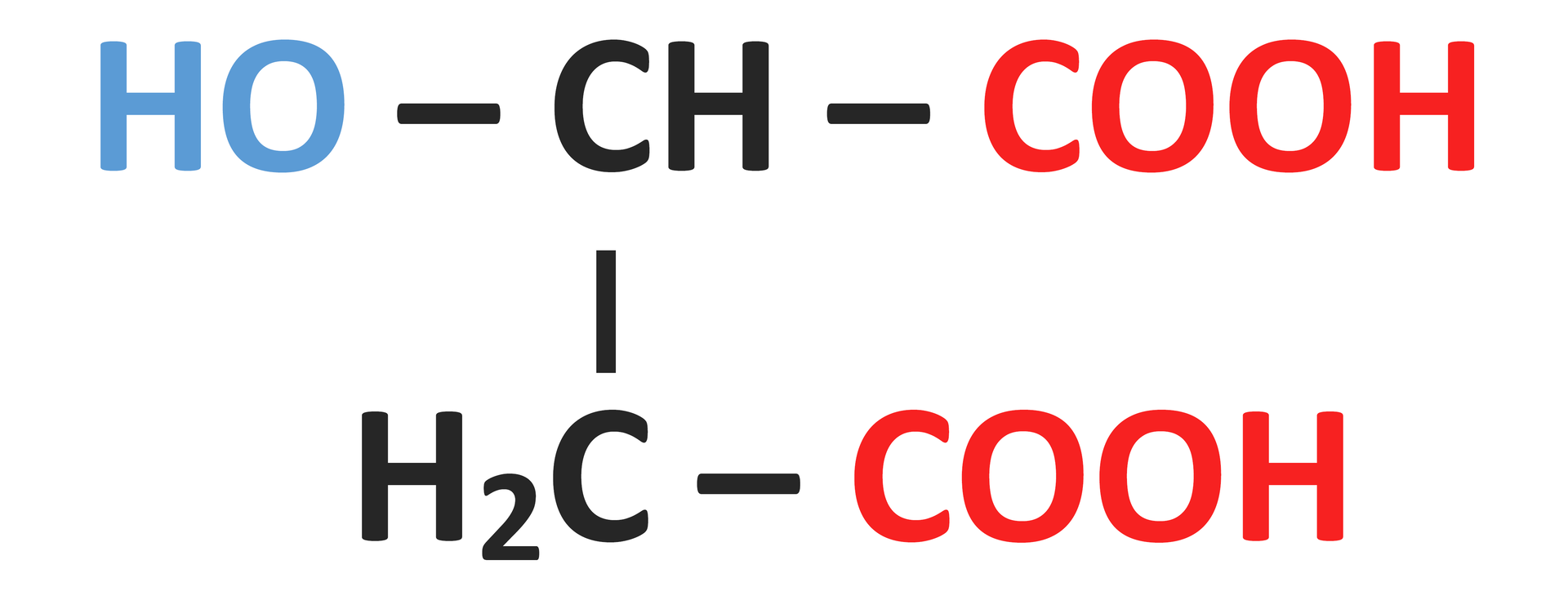 Na ilustracji jest wzór kwasu 2‑hydroksybutanodiowego: grupa HO połączona jest wiązaniem pojedynczym z grupą CH. Ta łączy się z prawej strony z grupą COOH, a w dół z grupą metylenową, która z prawej strony łączy się z grupą COOH.