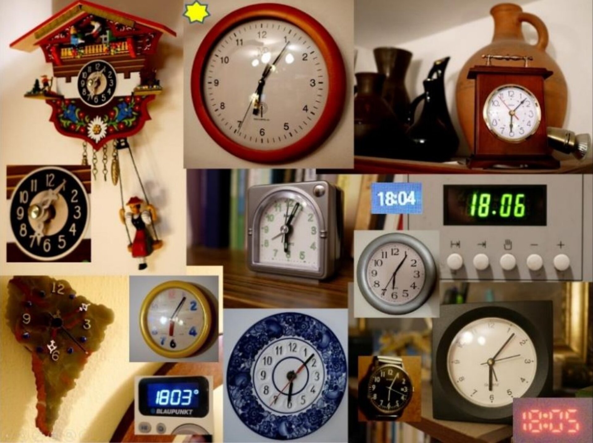 Rys. 1. Ilustracja przedstawia kompozycję złożoną z czternastu zdjęć zegarów z różnych epok. Od lewej mamy dwa zegary zawieszone na ścianie. Jeden z nich to mały domek o brązowej fasadzie i czerwonym dachu, pod którym na huśtawce huśta się mała lalka ubrana w strój ludowy. Do zdjęcia dołączono powiększenie metalowej tarczy tego zegara. Kolejne zdjęcie obok, to okrągły zegar z białą tarczą w brązowej ramce, wiszący płasko na ścianie. Po prawej umieszczono zdjęcie starego zegara stojącego, który wygląda jak drewniane małe pudełko z białą tarczą. Są to najstarsze zegary z zaprezentowanych, wyposażone w systemy mechaniczne złożone z kół zębatych i zapadek, odmierzających czas. W drugim rzędzie od góry widoczne są nieco nowsze typy zegarów. Na przykład stojący zegarek w postaci metalowego pudełka z białą półokrągłą tarczą ze wskazówkami. Po prawej widoczne są kolejne dwa zegary. Jeden ścienny okrągły w plastikowej szarej ramce oraz zegar elektroniczny wyświetlający godzinę na czarnym ekranie urządzenia stereo. W najniższym rzędzie widoczne są od lewej trzy zegary ścienne, najbardziej po lewej widnieje zegar, którego tarcza kształtem przypomina kontynent afrykański. Dwa pozostałe to płaskie okrągłe tarcze zawieszone na ścianie. Jeden z nich ma żółtą ramkę i białą tarczę, a drugi wygląda jak porcelanowy talerz ręcznie malowany. Obok, po prawej stronie, ułożono współczesny zegarek naręczny z metalową okrągłą kopertą, czarną tarczą na metalowej bransoletce. Kolejne zdjęcia po prawej prezentują stojący, plastikowy budzik, przypominający prostopadłościenne pudełko z białą tarczą. Część z prezentowanych zegarów wyposażona jest w mechaniczne systemy odmierzające czas. Są to najmniej dokładne czasomierze. Pozostałe wykorzystują systemy elektroniczne, znacznie dokładniejsze. Warto zauważyć, że część z zaprezentowanych na zdjęciach zegarów posiada analogowe tarcze wyposażone we wskazówki. Dokładny odczyt godziny z tych urządzeń jest dodatkowo utrudniony, ponieważ użytkownik musi często zdecydować, bliżej którego wskazania znajduje się wskazówka. Zdecydowanie łatwiej jest odczytać godzinę z czasomierzy wyposażonych w wyświetlacz cyfrowy. W takim przypadku nie występuje niepewność związana z odczytem, ale należy pamiętać, że dana wartość na wyświetlaczu będzie taka sama przez całą minutę. Każde z urządzeń, niezależnie od tego czy jest to przyrząd cyfrowy, czy analogowy, ma zalety i wady. Powszechnie uważa się jednak, że urządzenia cyfrowe są dokładniejsze, ze względu na niezależność od usterek mechanicznych układów odmierzających czas. Wszystkie zegary przedstawione w kompozycji zdjęć pokazują godzinę od 18:03 do 18:08.