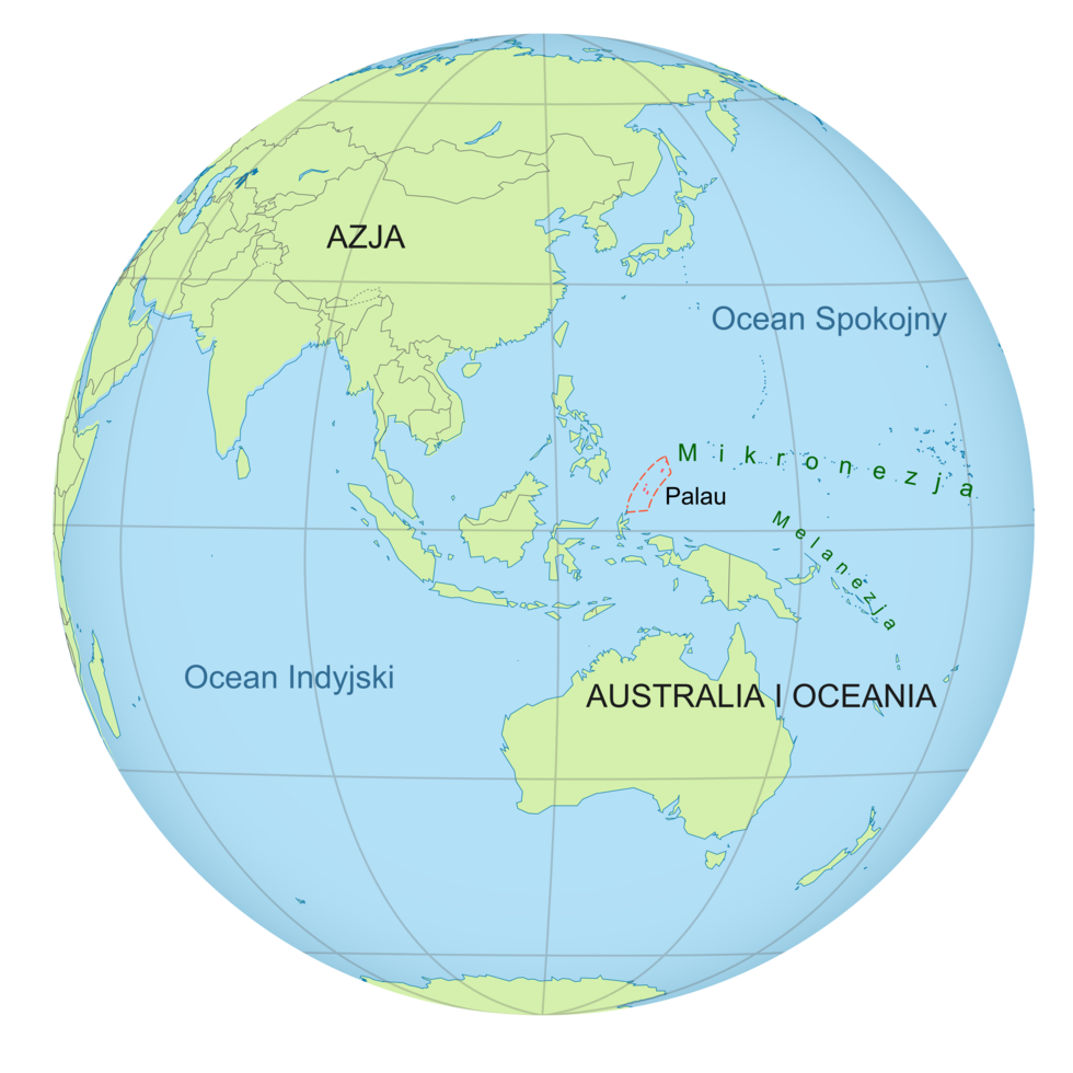Ilustracja przedstawia kulę ziemską. Na powierzchni kuli zaznaczone są południki i równoleżniki. Na półkuli południowej mapa Australii i Oceanii. Powyżej, wzdłuż linii równika, małe wysepki Mikronezji i Melanezji. Mały obszar Republiki Palau zaznaczony w formie  pionowego trapezu. Palau znajduje się nieco powyżej równika Półkula północna, to duży obszar Azji.  Oznaczony został Ocean Indyjski na południowej półkuli oraz Ocean Spokojny na półkuli północnej.