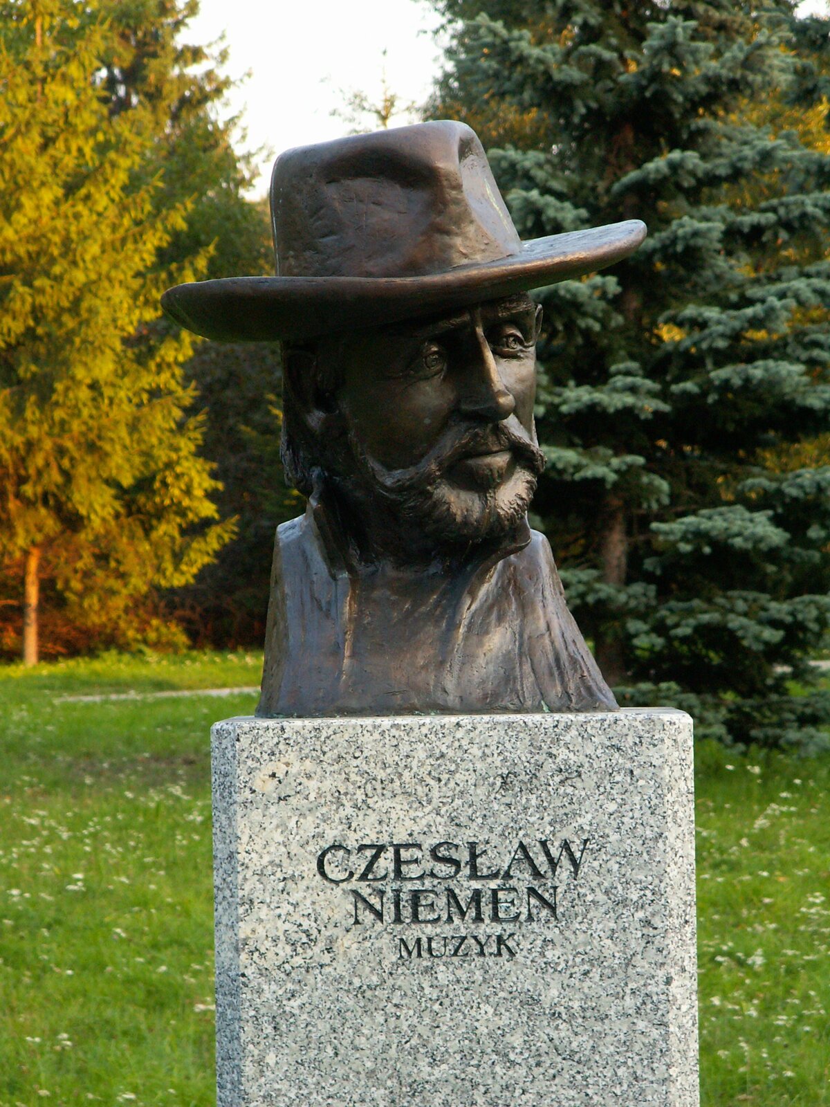 Kolorowa fotografia przedstawiająca na tle drzew kamienny cokół z odlanym z brązu popiersiem Czesława Niemena w charakterystycznym dla tego artysty kapeluszu. Ma on brodę i wąsy.