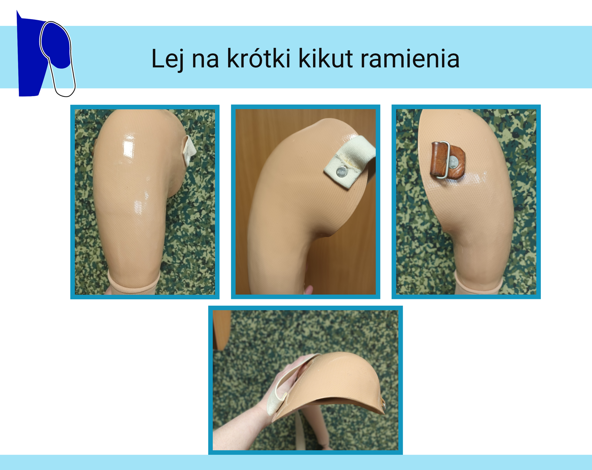 Zdjęcia leja na krótki kikut ramienia w widoku z góry, przodu i dwóch boków. Na leju wykonanym z tworzywa sztucznego znajduje się skórzany pasek z klamrą.
