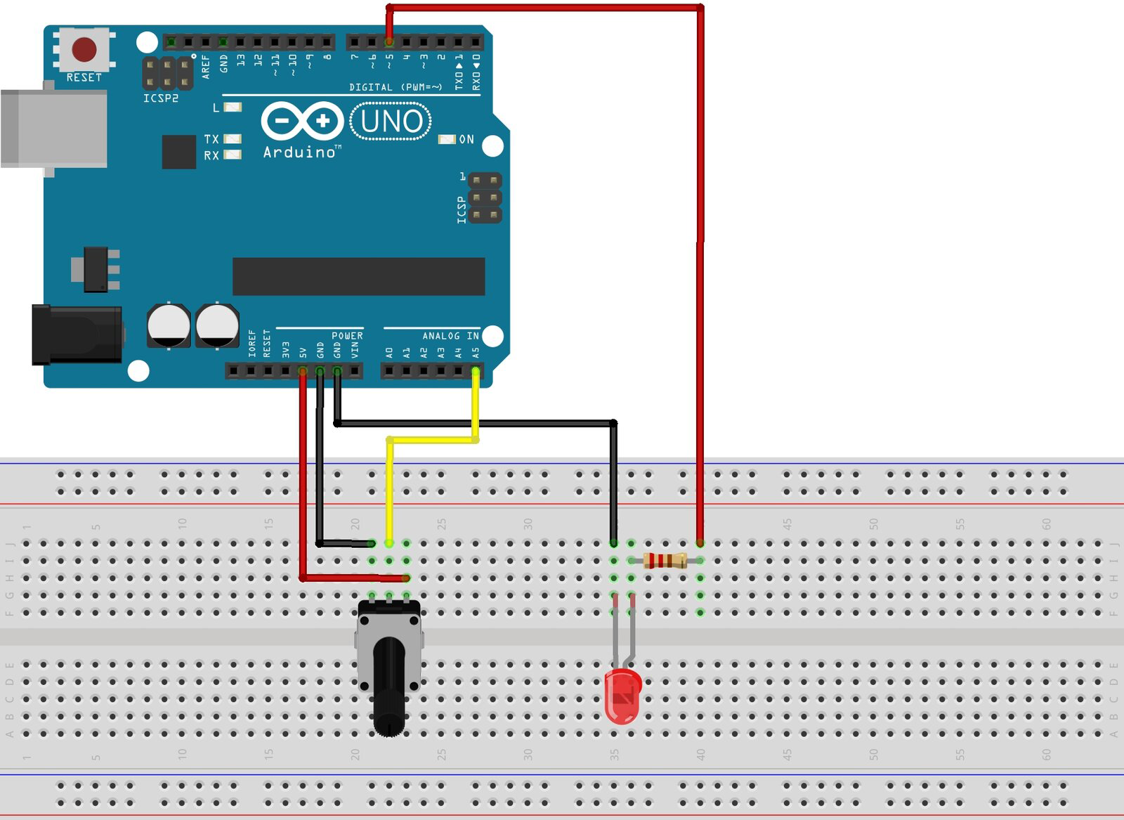 Ilustracja przedstawia arduino uno podłączone do płytki stykowej. Pin 3 podłączony jest do jednej nóżki rezystora, który następnie podłączony jest do anody LED. Katoda led podłączona jest do pinu GND arduino. Do pinu A5 podłączona jest środkowa nóżka potencjometru, do prawej podłączony jest pin 5V, a do GND lewej.