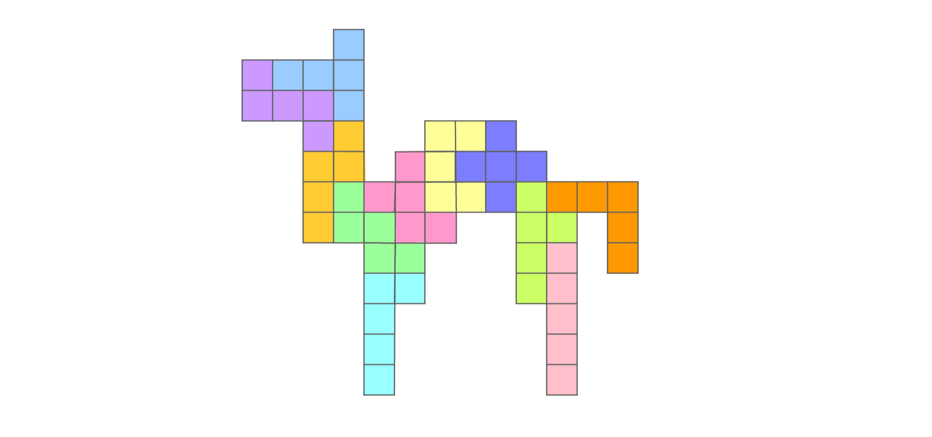 Rysunek przedstawia figurę przypominającą wielbłąda, zbudowaną z 60 małych kwadratów. Każdy kamień pentomino ma inny kolor.
