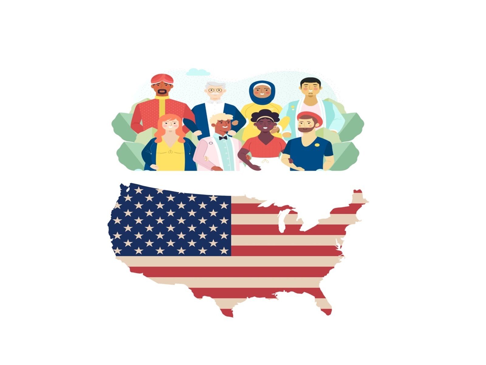 Ilustracja składa się z dwóch grafik. U góry widoczne jest graficzne przedstawienie ośmiu postaci, stojących w dwóch rzędach i trzymających się pod ramię. Osoby te różnią się od siebie karnacją, kolorem włosów, wiekiem, ubiorem. Wszystkie się uśmiechają. Poniżej widoczna jest grafika przedstawiająca kontur Stanów Zjednoczonych, który jest wypełniony amerykańską flagą.