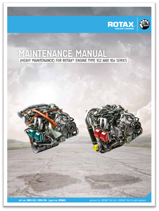 Ilustracja przedstawia instrukcję obsługi bazowej silników rotax seri 912 oraz 914, na której znajduję się grafika dwóch silników oraz tytuł dokumentu, poniżej drobnym drukiem są umieszczone numery dokumentacji.