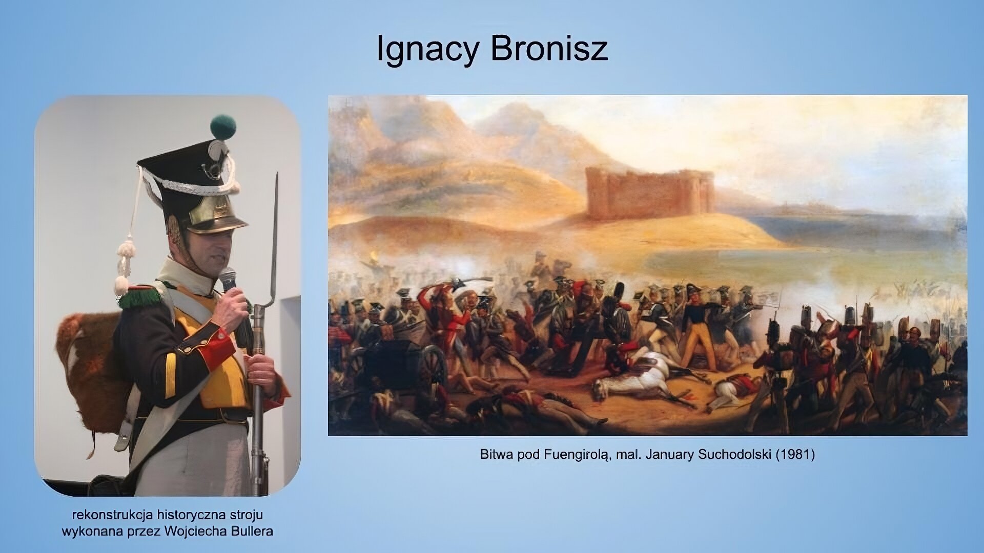 Jasnoniebieskie tło. Na górze napis: Ignacy Bronisz. Poniżej dwie ilustracje z podpisami. Ilustracja po lewej to fotografia przedstawiająca mężczyznę ubranego w historyczny żołnierski mundur. Góra munduru jest granatowa i ma żółty żabot, biały kołnierz, ciemnozielone pagony oraz czerwone mankiety. Dół munduru jest biały. Mężczyzna ma na głowie wysoką czarną czapkę z białymi, złotymi i ciemnozielonymi ozdobami. Mężczyzna ma na plecach brązowy plecak, w lewej dłoni trzyma karabin z bagnetem, a w prawej mikrofon. Podpis: rekonstrukcja historycznego stroju wykonana przez Wojciecha Butlera. Ilustracja po prawej przedstawia dzieło sztuki. Obraz podzielony jest na dwie części kolorystyczne. Pierwszy plan jest ciemny, ukazani są na nim żołnierze ubrani w taki stroje, jak na wcześniej opisywanej fotografii. W centralnej części obrazu widoczny jest leżący na ziemi biały koń. Po prawej, między żołnierzami, widać niski czarny pojazd o dwóch dużych kołach. Dalszy plan utrzymany jest w jasnej, żółto‑zielono‑niebieskiej kolorystyce. Na jednym z ukazanych wzgórz widać niewyraźną bryłe zamku w kształcie sześcianu. Za nim, po lewej stronie rozpościerają się wyższe szczyty górskie.Po prawej widać horyzont i błękitne niebo. Podpis: Bitwa pod Fuengirolą, mal. January Suchodolski (1981).
