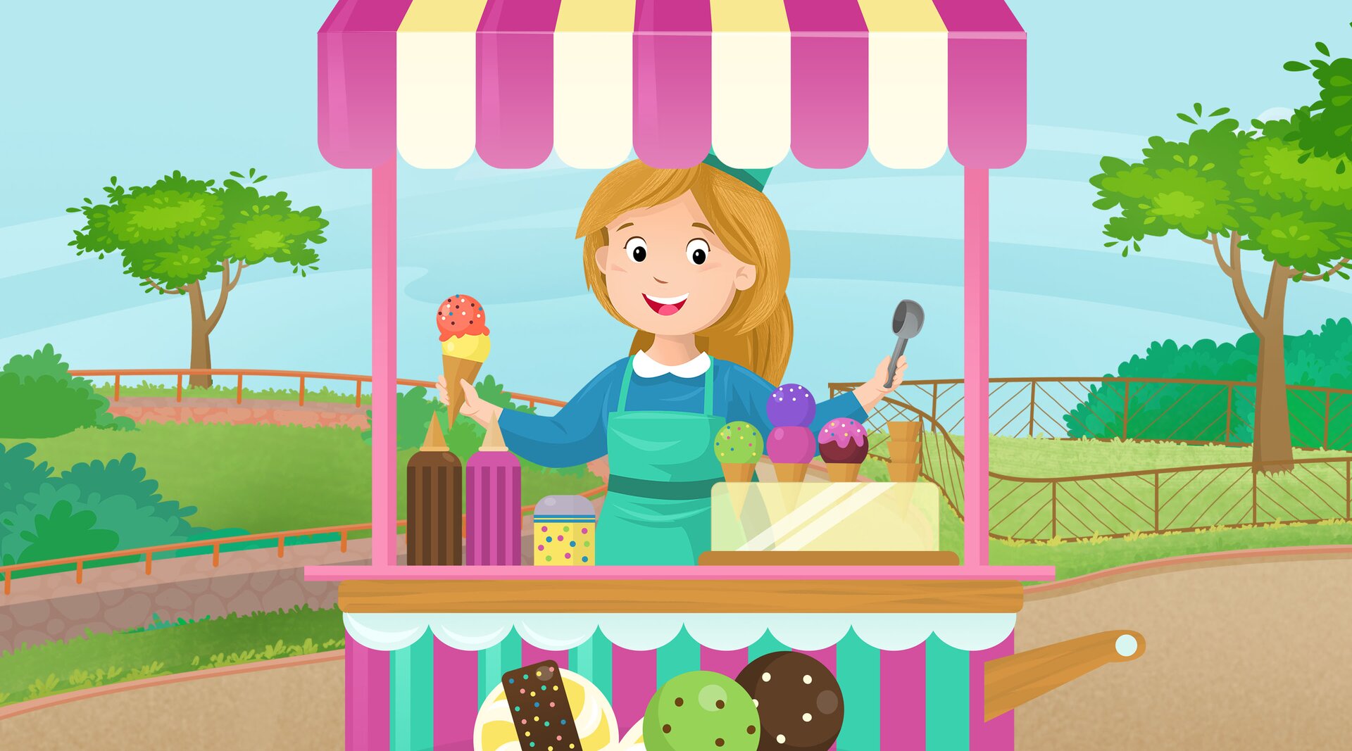 Na ilustracji znajduje się sprzedawczyni, która sprzedaje lody.