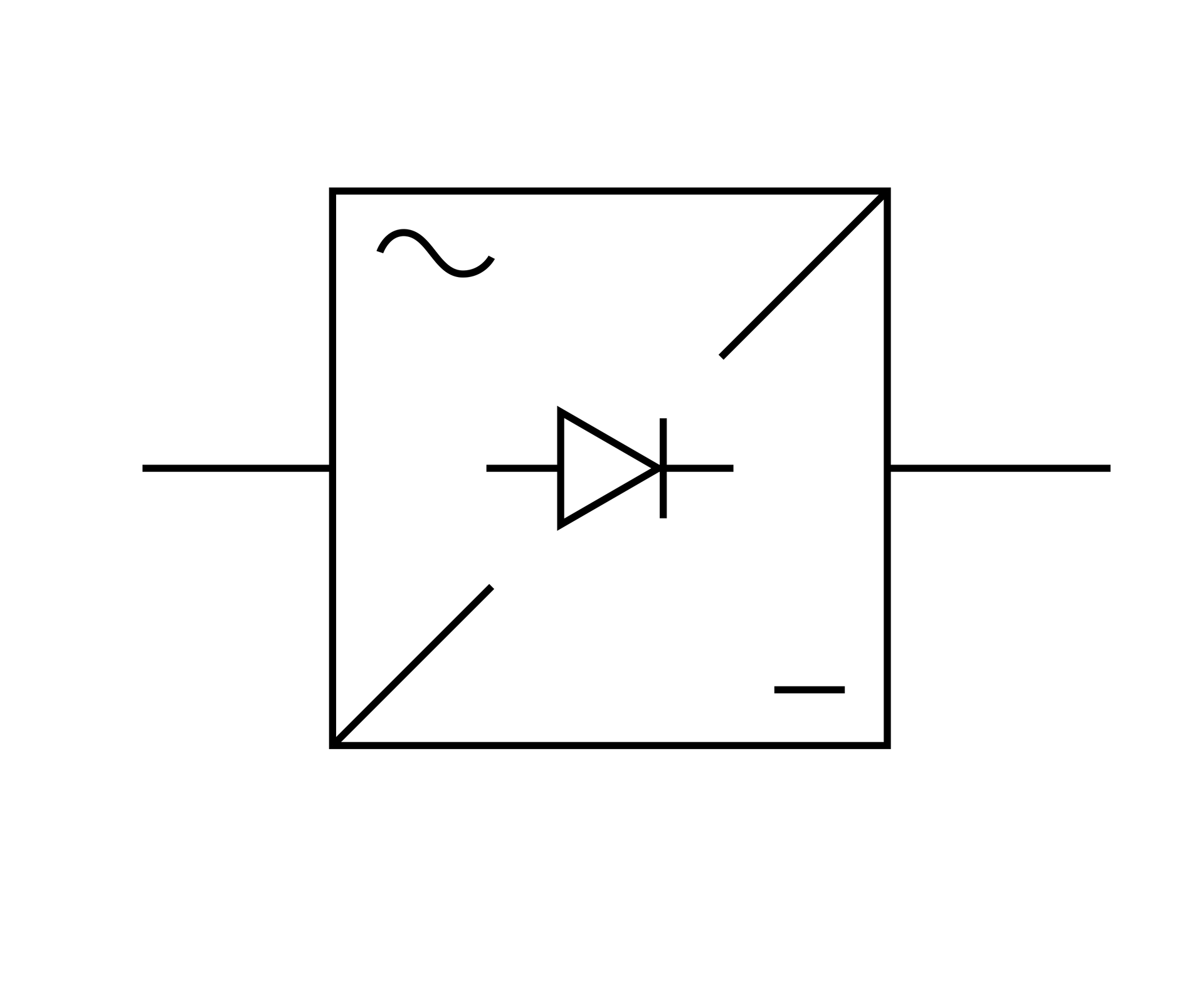Ilustracja przedstawia kwadrat. W lewym górnym rogu znajduje się znak fali. W prawym dolnym rogu znajduje się symbol minus. Od lewego dolnego rogu ciągnie się do środka ukośna linia. Od prawego górnego rogu ciągnie się do środka ukośna linia. Od ściany prawej oraz lewej ciągną się do zewnątrz poziome linie. W środku znajduje się pozioma linia, na której opisany jest trójkąt i pionowa kreska.