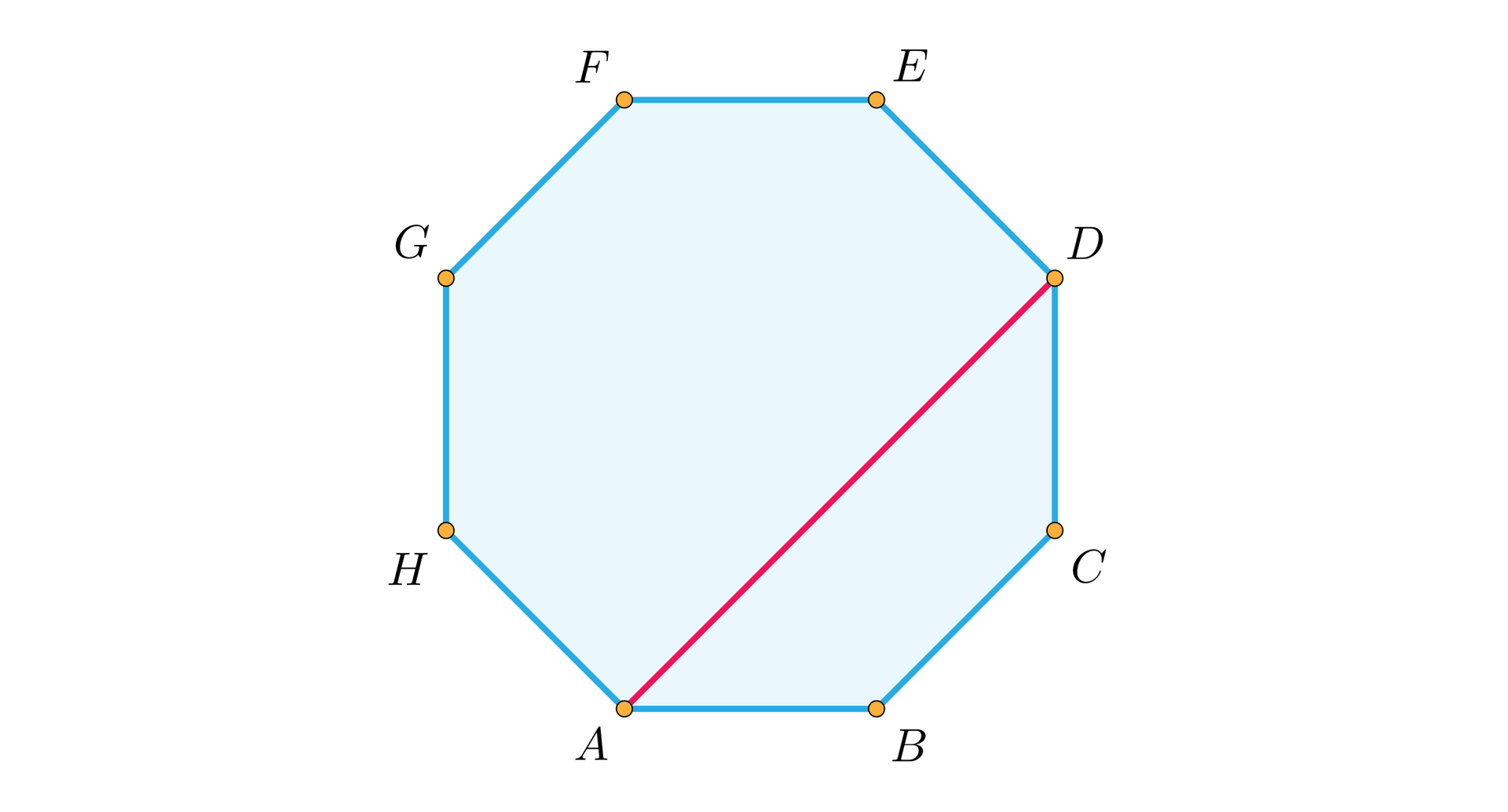 Grafika przedstawia ośmiokąt foremny ABCDEFGH. Odcinek AD oznaczony jest czerwoną linią.