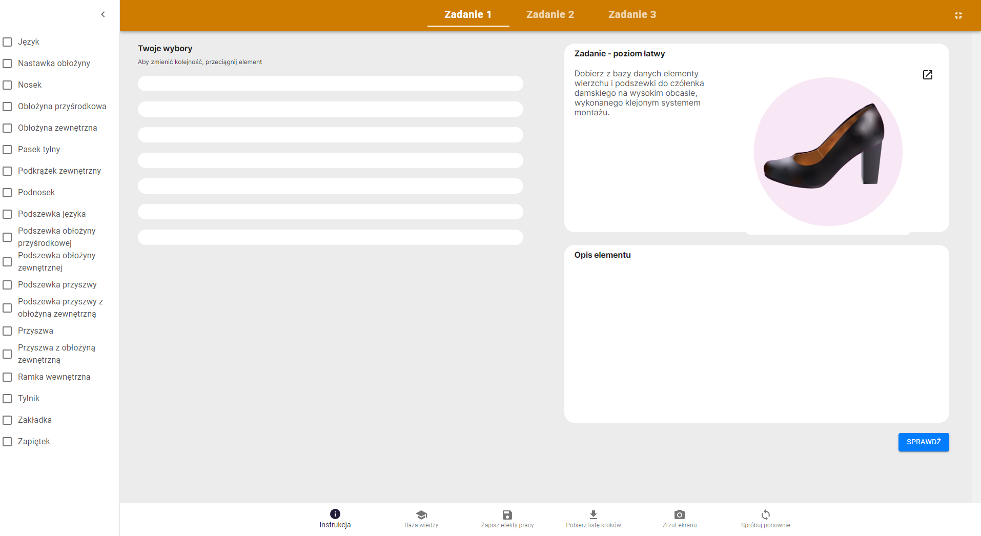 Grafika przedstawia widok ogólny na okno programu ćwiczeniowego. Po lewej stronie menu z elementami cholewki do wyboru. W górnej części menu do wyboru zadań. W centralnej cześci okno zadania wraz z opisami. W dolnej części menu zawierające: instrukcję, bazę wiedzy, możliwość zapisu, pobrania listy kroków, zrzut ekranu oraz spróbuj ponownie.