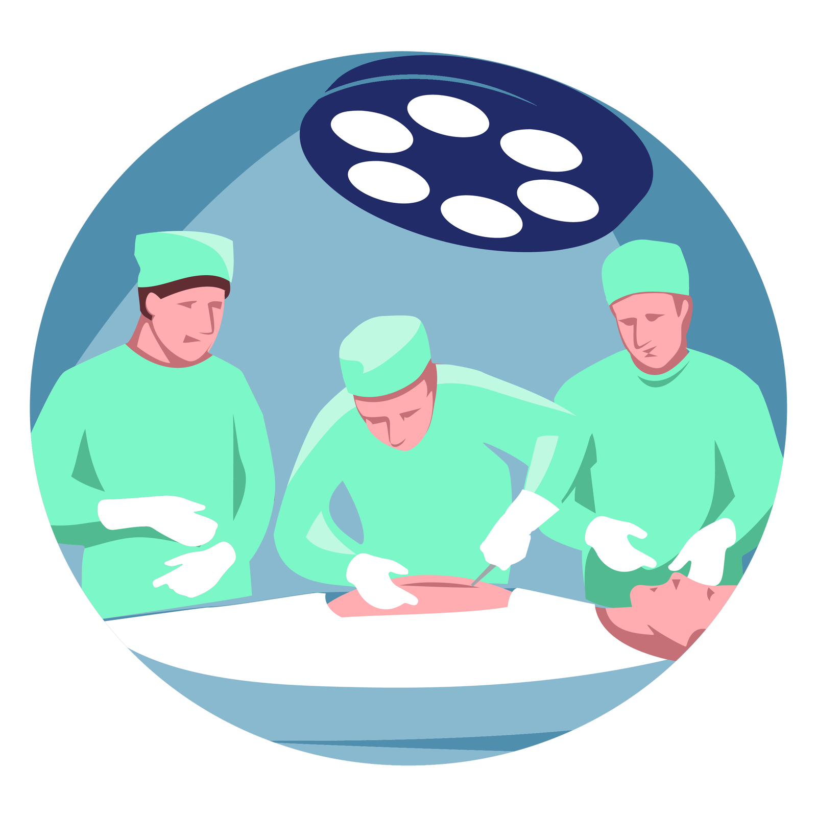 Widoczna jest ilustracja. Przedstawia trzech lekarzy operujących człowieka. Nad nimi znajduje się lampa, charakterystyczna dla sali operacyjnej.