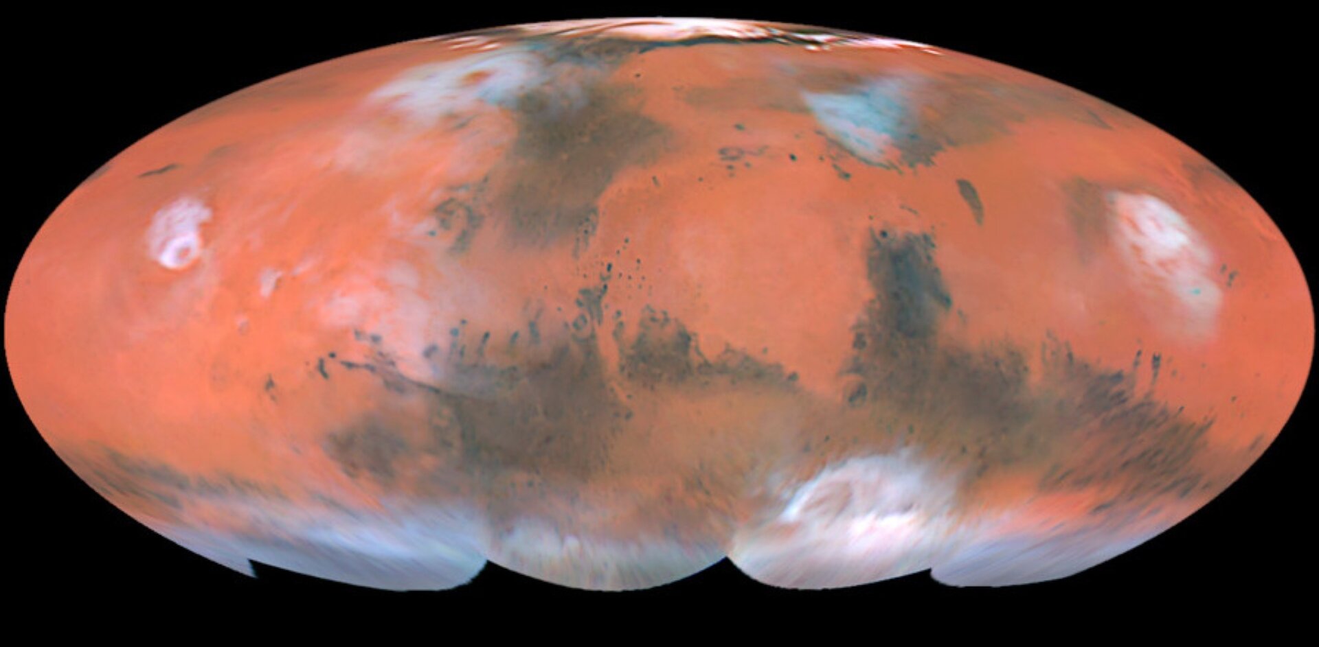 Rys. 5. Ilustracja przedstawia mapę Marsa stworzoną ze zdjęć wykonanych przez teleskop Hubble'a. Zdjęcia planety obejmujące wszystkie jej obszary zostały rozciągnięte i tworzą obraz przypominający elipsę. Powierzchnia planety jest pomarańczowo‑czerwona z widocznymi ciemniejszymi smugami. Na północnym i południowym biegunie widoczne są nad planetą białe obszary.