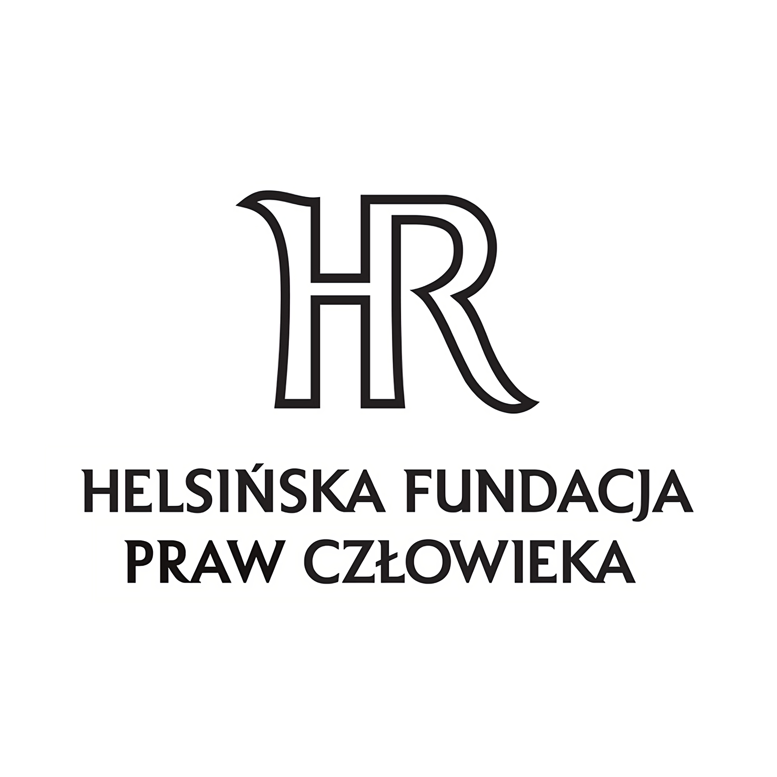 Logo Helsińskiej Fundacji Praw Człowieka: wyrzeźbione HR oraz pogrubiona pełna nazwa fundacji w czarnym kolorze.