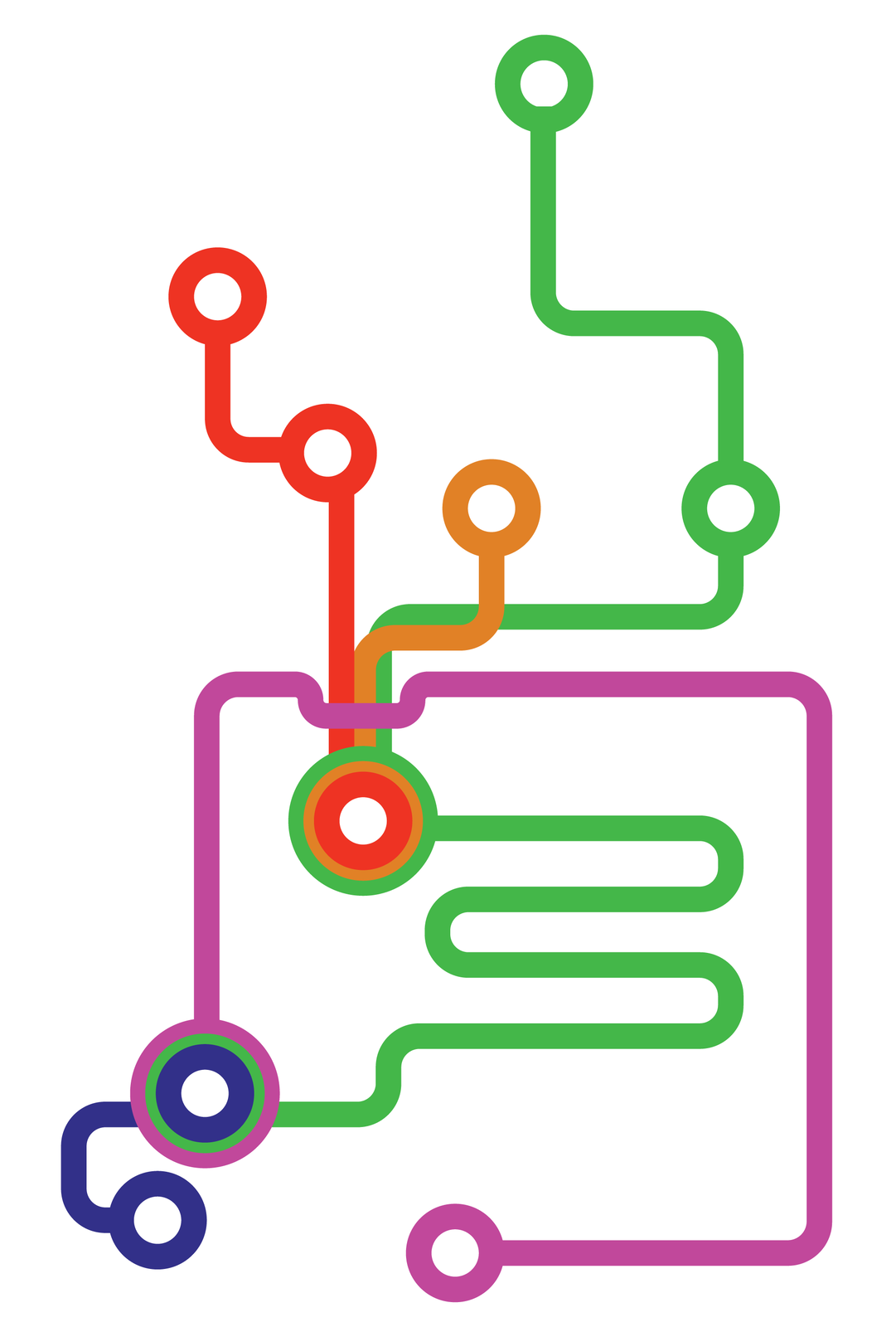 Rysunek przedstawia schematycznie układ pokarmowy człowieka: wielokolorowe rurki i kółeczka. Odcinki układu pokarmowego oznaczono różnymi barwami. Kółka symbolizują narządy trawienne.
