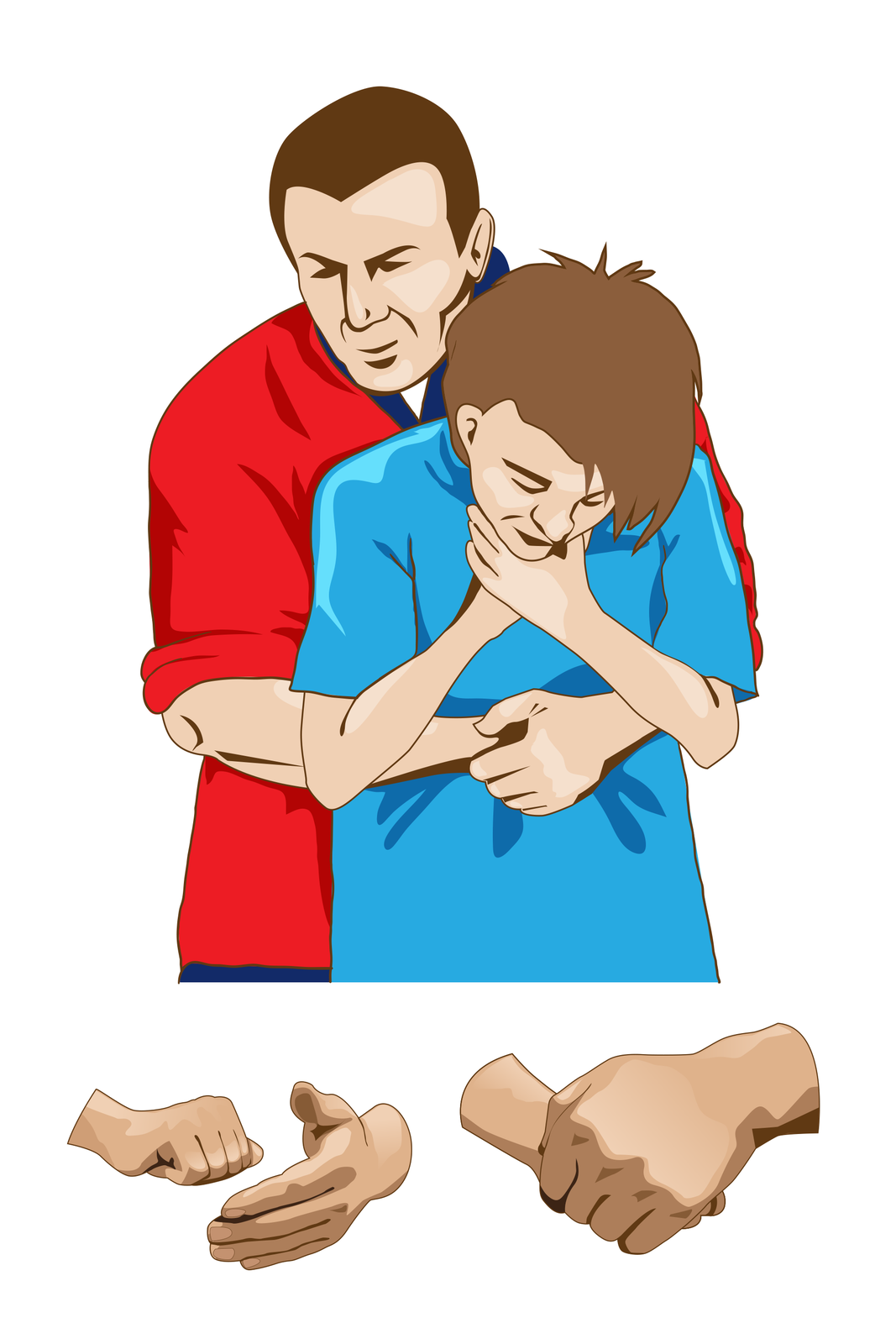Kliknij żeby powiększyć Ilustracja przedstawia dwie osoby. Na pierwszym planie nastolatek stoi przodem do obserwatora ilustracji. Głowa nastolatka pochylona do przodu. Obie dłonie nastolatka podpierają podbródek. Za chłopcem mężczyzna, ratownik. Ratownik obiema rękami obejmuje nastolatka powyżej pasa. Dłonie ratownika założone jedna na drugiej tworząc mocny ucisk. Poniżej dwie małe ilustracje. Zbliżenie na dłonie ratownika. Na ilustracji po lewej stronie, prawa dłoń otwarta, skierowana wewnętrzną częścią w lewo. Naprzeciw otwartej dłoni, lewa dłoń zaciśnięta w pięść. Druga ilustracja, po prawej stronie. Prawa dłoń ratownika obejmuje lewą dłoń. Dłonie tworzą mocny splot.