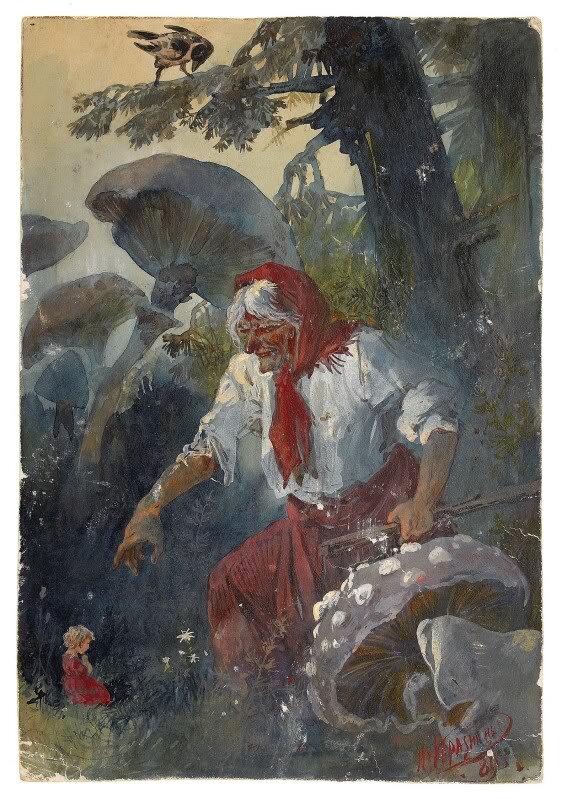 Obraz przedstawia scenę w fantastycznym lesie, w którym rosną ogromne grzyby, wielkości człowieka. Z zarośli wyłania się ogromna starsza kobieta, trzymająca w lewej ręce siekierę, prawą ręką wskazuje na klęczące przed nią małe dziecko. Kobieta ma siwe włosy, wystające spod czerwonej chustki, białą koszulę i czerwoną spódnicę. Uwagę zwraca złowroga twarz, wystający, czerwony nos i chude policzki. Dziecko o jasnych, krótkich włosach, w czerwonej sukience klęczy i ma złożone jak do modlitwy ręce. Na rozgrywającą się scenę patrzy siedząca na gałęzi sroka.