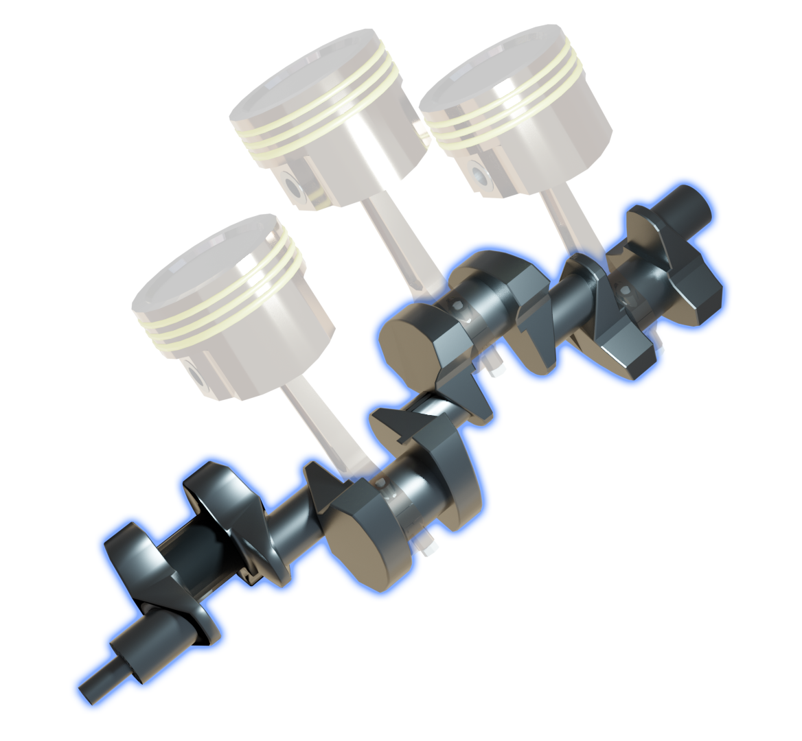 Ilustracja przedstawia wał korbowy w kształcie długiego walca oraz wystające z niego czopy główne oraz czopy korbowe. Czopy te przypominają osadzone na grubym pręcie pierścienie o różnych kształtach. Pomiędzy nimi znajdują się tłoki, czyli krótkie walce na słupkach poruszające się w górę i w dół.