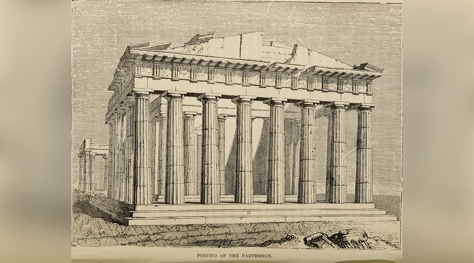 Rycina przedstawia ruiny Partenonu. To antyczny budynek otoczony kolumnami. Ukazany jest jego front, wsparty na ośmiu kolumnach.