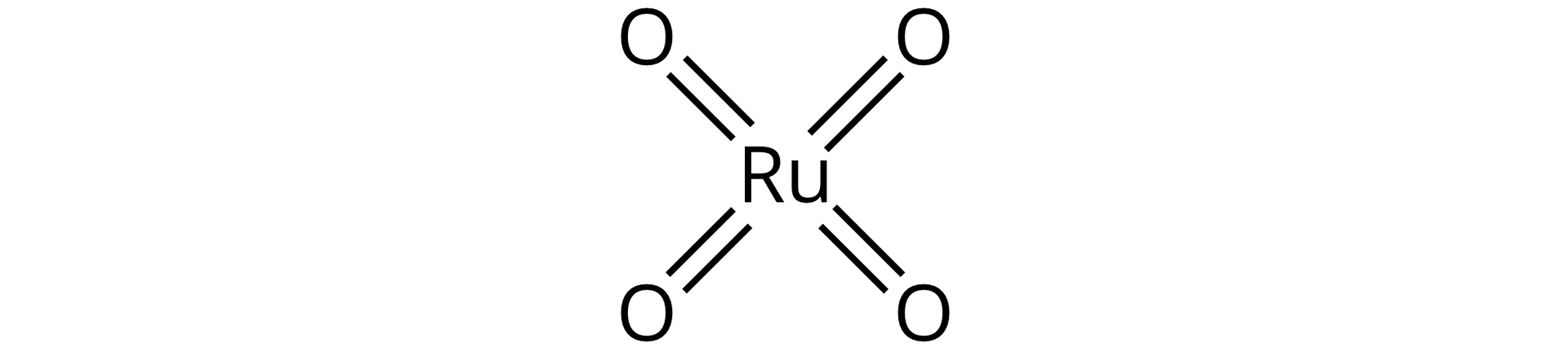 Ilustracja przedstawiająca wzór tlenku rutenu(<math aria‑label="osiem">VIII), który to zbudowany jest z atomu rutenu połączonego za pomocą wiązań podwójnych z czterema atomami tlenu.