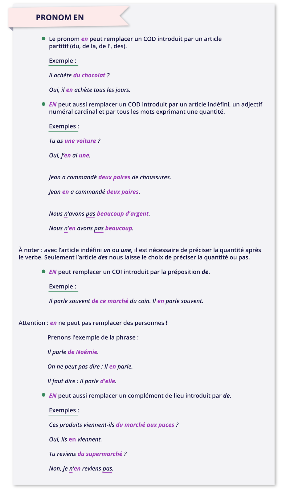 Grafika zatytułowana jest PRONOM EN i zawiera informacje tekstowe. Le pronom en peut remplacer un COD introduit par un article partitif (du, de la, de l', des). Exemple : Il achète du chocolat ? Oui, il en achète tous les jours. EN peut aussi remplacer un COD introduit par un article indéfini, un adjectif numéral cardinal et par tous les mots exprimant une quantité. Exemples: Tu as une voiture ? Oui, j'en ai une. Jean a commandé deux paires de chaussures. Jean en a commandé deux paires. Nous n'avons pas beaucoup d'argent. Nous n'en avons pas beaucoup. À noter : avec l'article indéfini un ou une, il est nécessaire de préciser la quantité après le verbe. Seulement l'article des nous laisse le choix de préciser la quantité ou pas. EN peut remplacer un COI introduit par la préposition de. Exemple : Il parle souvent de ce marché du coin. Il en parle souvent. Attention: en ne peut pas remplacer des personnes ! Prenons l'exemple de la phrase: Il parle de Noémie. On ne peut pas dire: Il en parle. Il faut dire : Il parle d'elle. EN peut aussi remplacer un complément de lieu introduit par de. Exemples: Ces produits viennent‑ils du marché aux puces? Oui, ils en viennent. Tu reviens du supermarché ? Non, je n'en reviens pas.