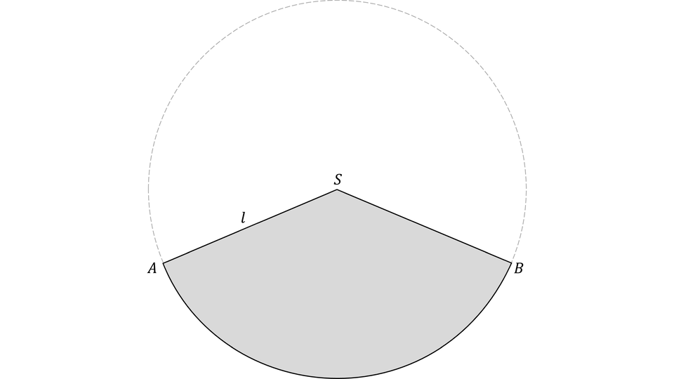 Na rysunku znajduje się okrąg narysowany przerywaną, jasnoszarą linią.
Środkiem okręgu jest punkt S, który jest wierzchołkiem kąta środkowego opartego na łuku AB. Promień okręgu SA opisany jest literą l. Fragment koła, ograniczony dwoma promieniami  SA, SB i łukiem AB, jest wyraźnie zaznaczony poprzez wypełnienie szarym kolorem.