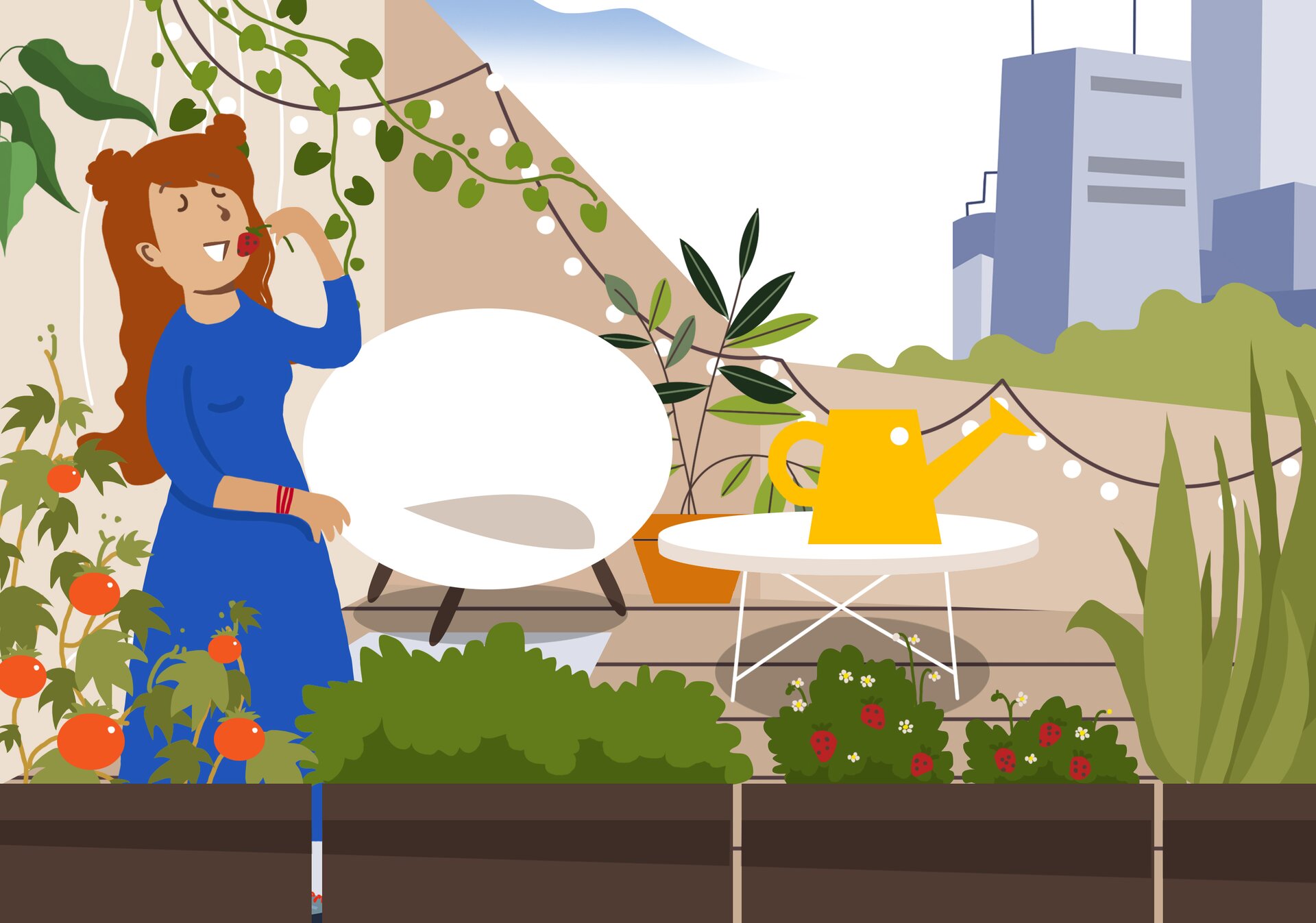 Na tej ilustracji widoczny jest balkon pełen zieleni. Na balustradach umieszczono donice z roślinami. W centralnej części stoi dziewczyna, jedząca truskawki prosto z krzaczka rosnącego w jednej z donic.





