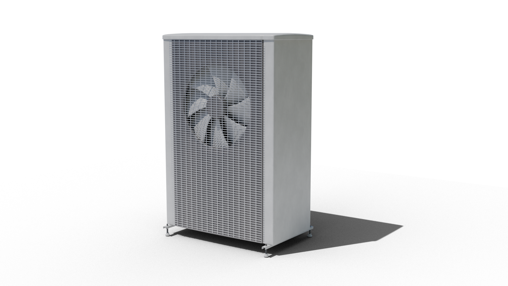 Schematyczna grafika ukazująca jednostkę zewnętrzną pompy ciepła typu split. Jednostka ma kształt prostopadłościanu na czerech nóżkach o regulowanej wysokości, zamiast przedniej ściany widać kratę, za którą jest widoczny wiatrak.