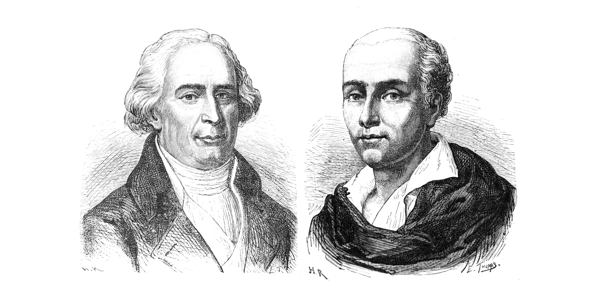 Ilustracja przedstawia naszkicowaną podobiznę dwóch mężczyzn. Widoczne twarze i górna część tułowia. Mężczyzna po lewej ma wysokie czoło, ciemne brwi opadające przy kącikach oczu. Włosy do ucha, gęste, falujące, siwe. Nos długi, prosty. Usta wąskie. Linia żuchwy rozmyta, niewidoczna. Ubrany w białą koszulę oraz płaszcz. Wiek około 50 lat. Mężczyzna po prawej stronie ma wysokie czoło. Włosy przerzedzone, falujące, siwiejące. Uszy małe, przylegające do głowy. Nos długi, prosty. Brwi ciemne, gęste, prawie łączące się. Oczy duże. Usta wąskie. Podbródek niewielki. Wyraźnie zarysowana linia żuchwy. Wiek około 40 lat. Ubrany w białą koszulę, owinięty ciemną chustą lub szalem.