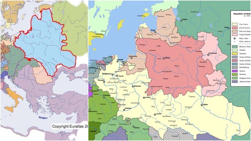 Fotografia przedstawia Rzeczpospolitą w XVI–XVII w., z lewej strony ukazana jest lokalizacja państwa polsko‑litewskiego (wraz z lennami) na mapie Europy, z prawej – mapa szczegółowa. Nad Dnieprem i Dniestrem widać obszar Dzikich Pól.