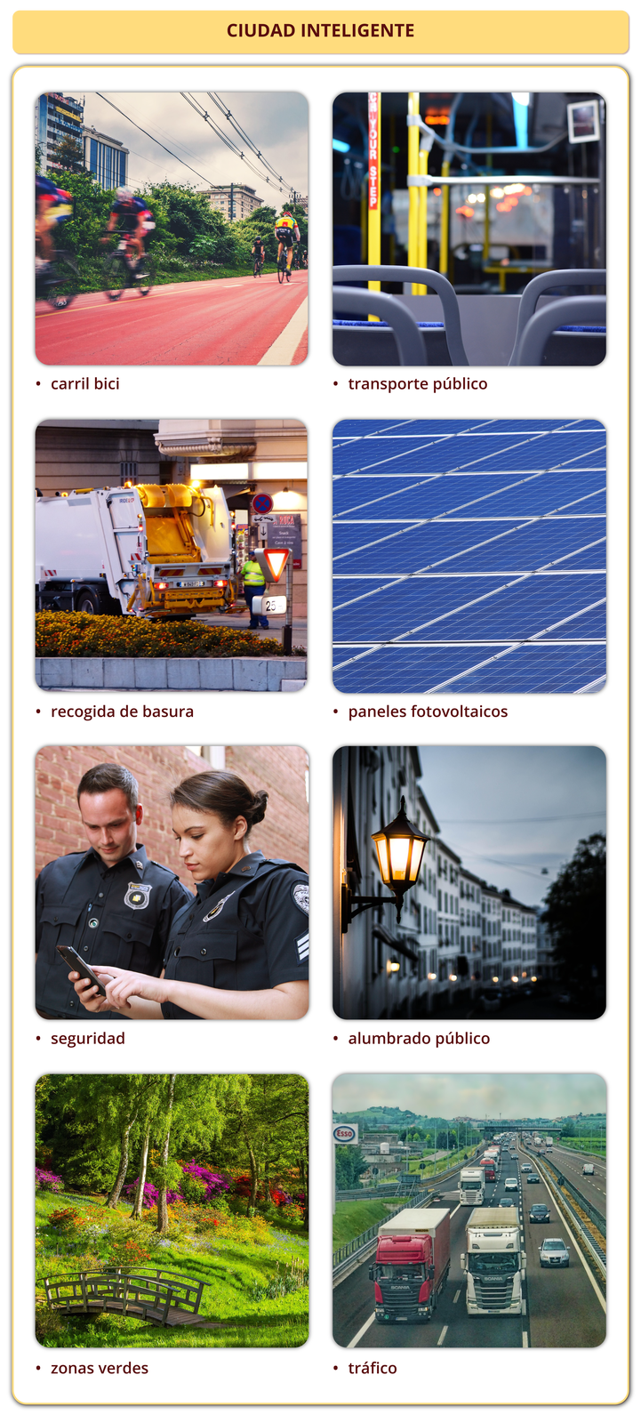 Nagłówek grafiki: CIUDAD INTELIGENTE. Poniżej zdjęcia z podpisami: ścieżka rowerowa, po której jadą kolarze, w tle miasto - carril bici, wnętrze autobusu z widocznymi siedzeniami i uchwytami - transporte público, śmieciarka obok budynku - recogida de basura, panele fotowoltaiczne - paneles fotovoltaicos, policjant i policjantka patrzący na smartfon - seguridad, latarnia na budynku - alumbrado público, park z dużą ilością zieleni, kwiatami oraz mostkiem - zonas verdes, pojazdy na drodze szybkiego ruchu - tráfico.
